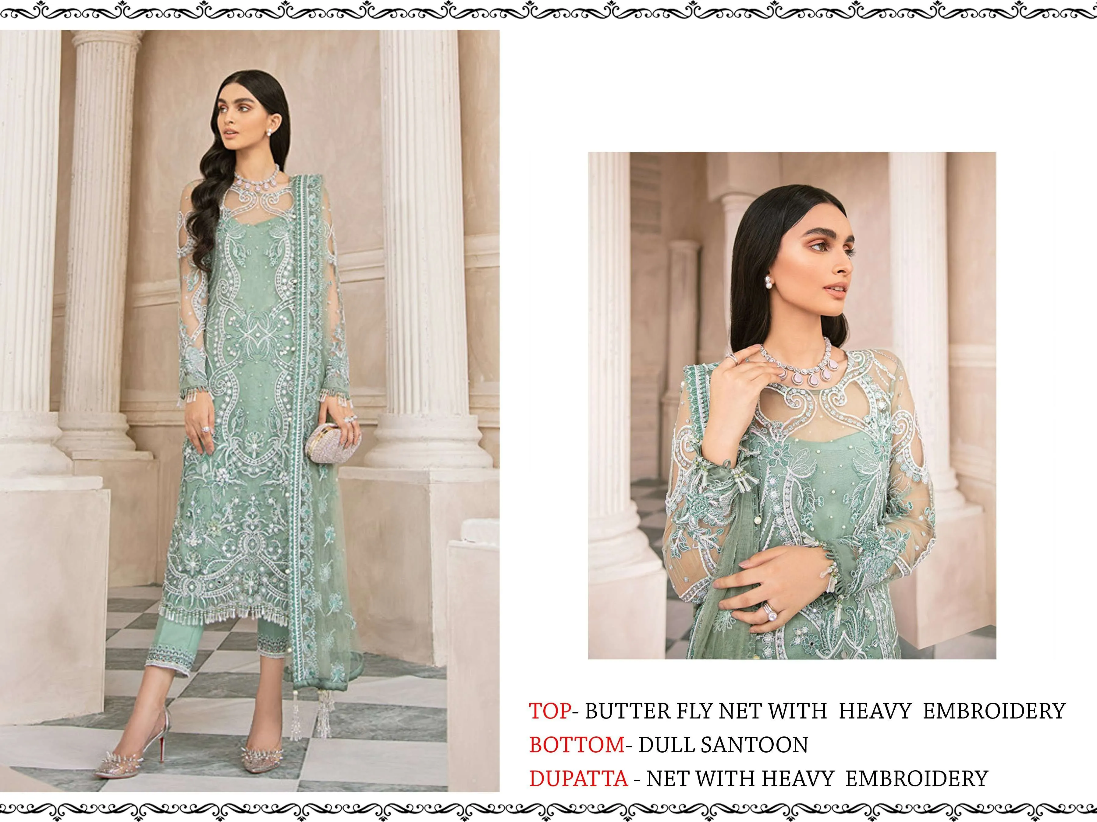 Green Color Pakistani Style Suit Heavy Embroidery work Net Fabric Party Wear