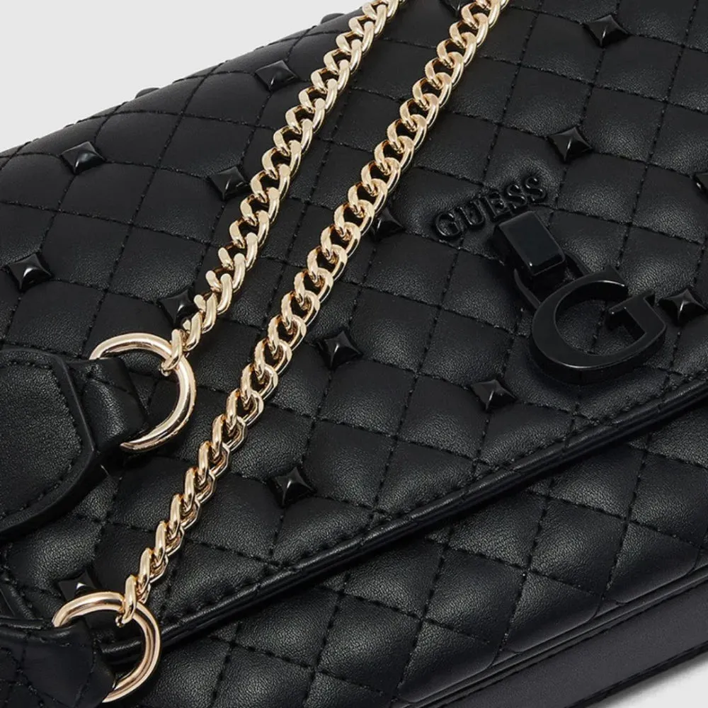 GUESS RUE ROSE Quilted Flap Closure Sling Bag - BLK