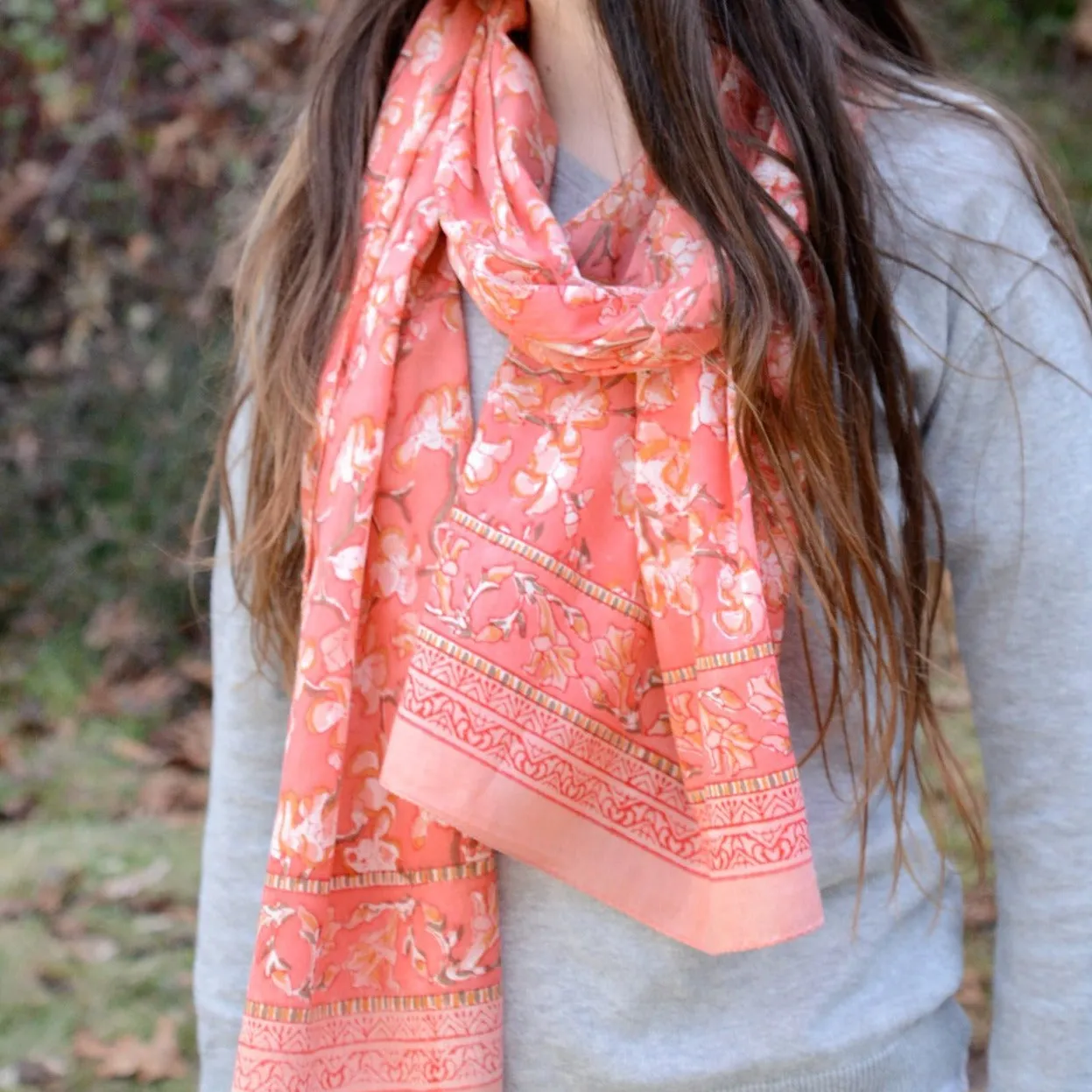 Hand Block Printed Scarf - Coral Blossom