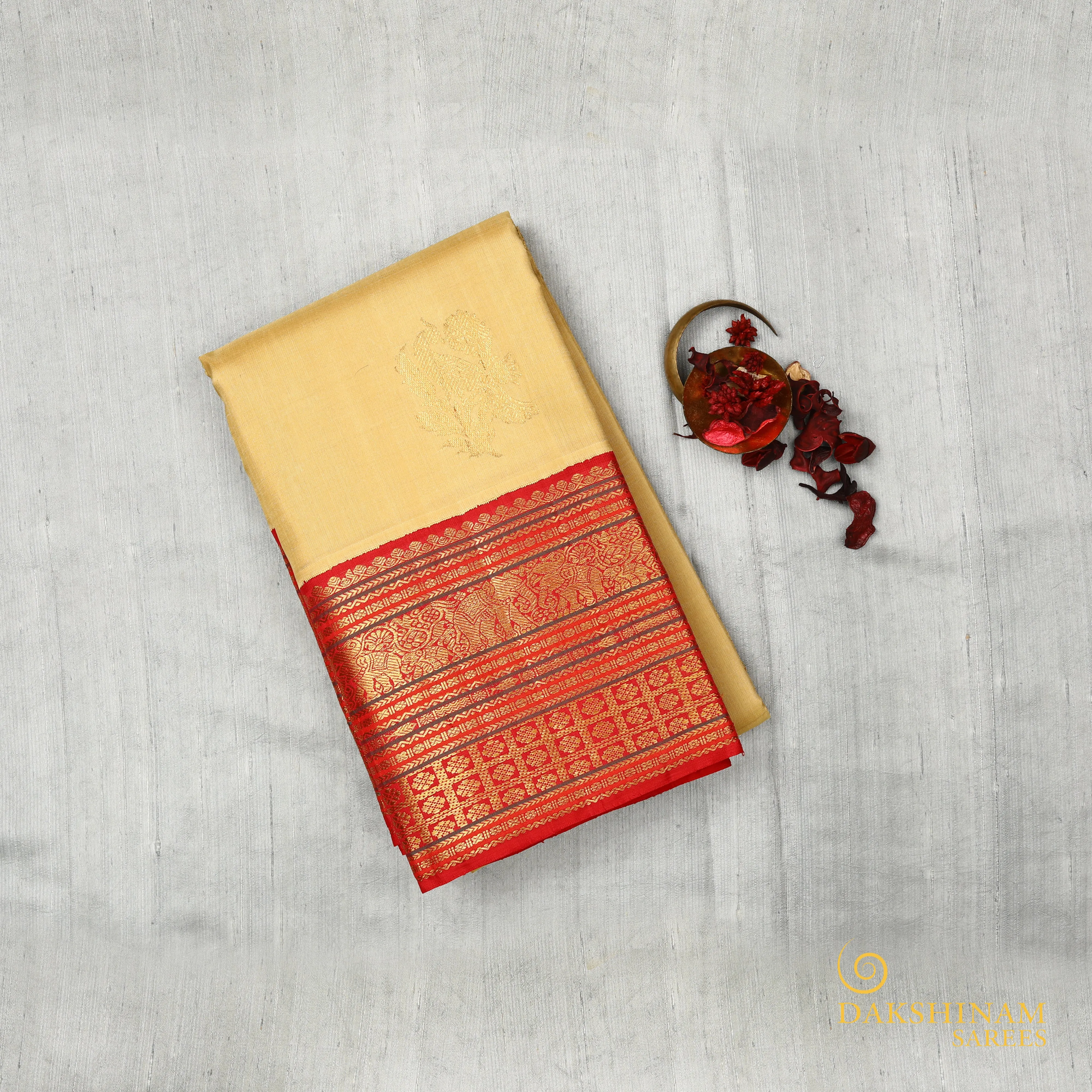 Handwoven Cream with Red Kanjivaram Silk Saree - 544T003050DSC