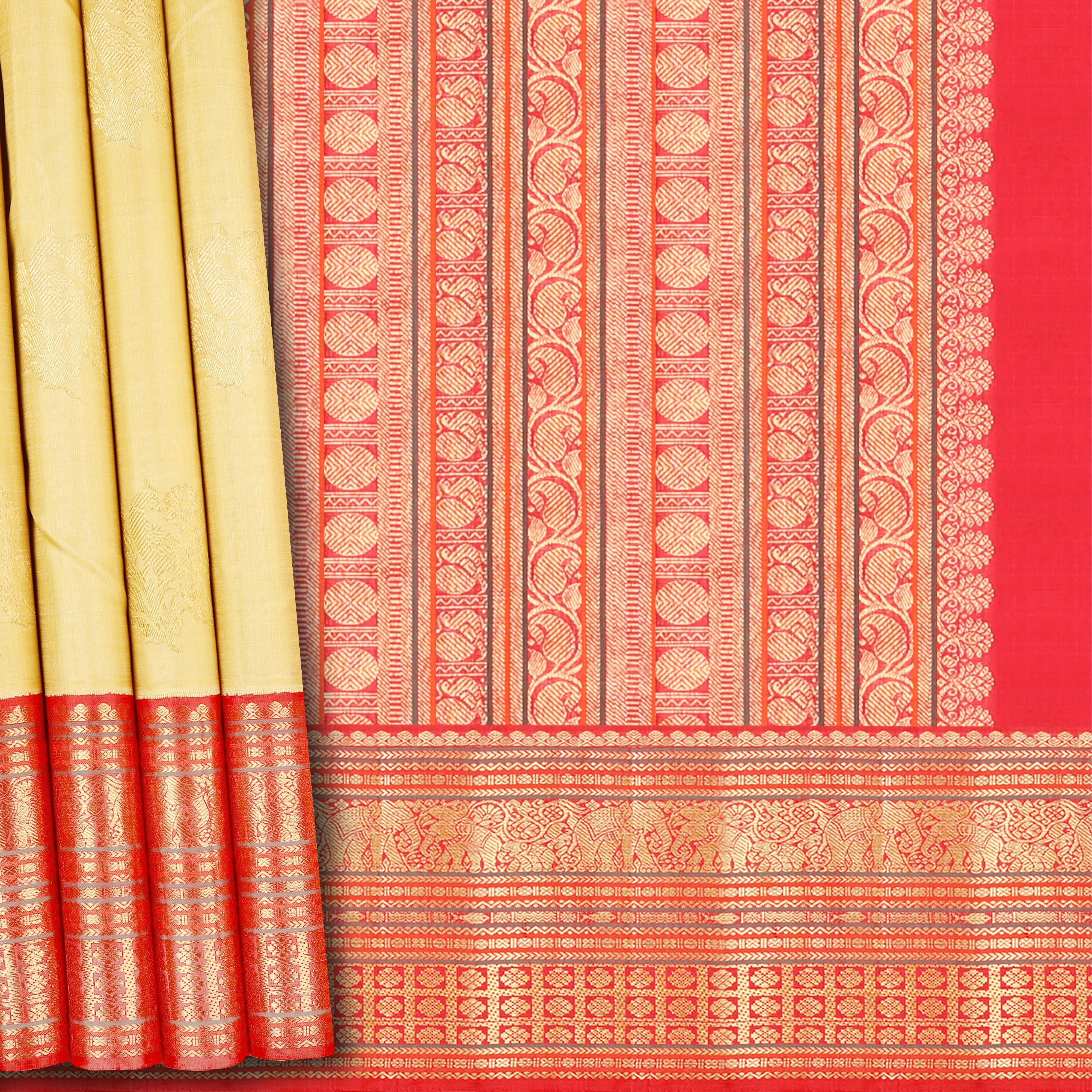 Handwoven Cream with Red Kanjivaram Silk Saree - 544T003050DSC