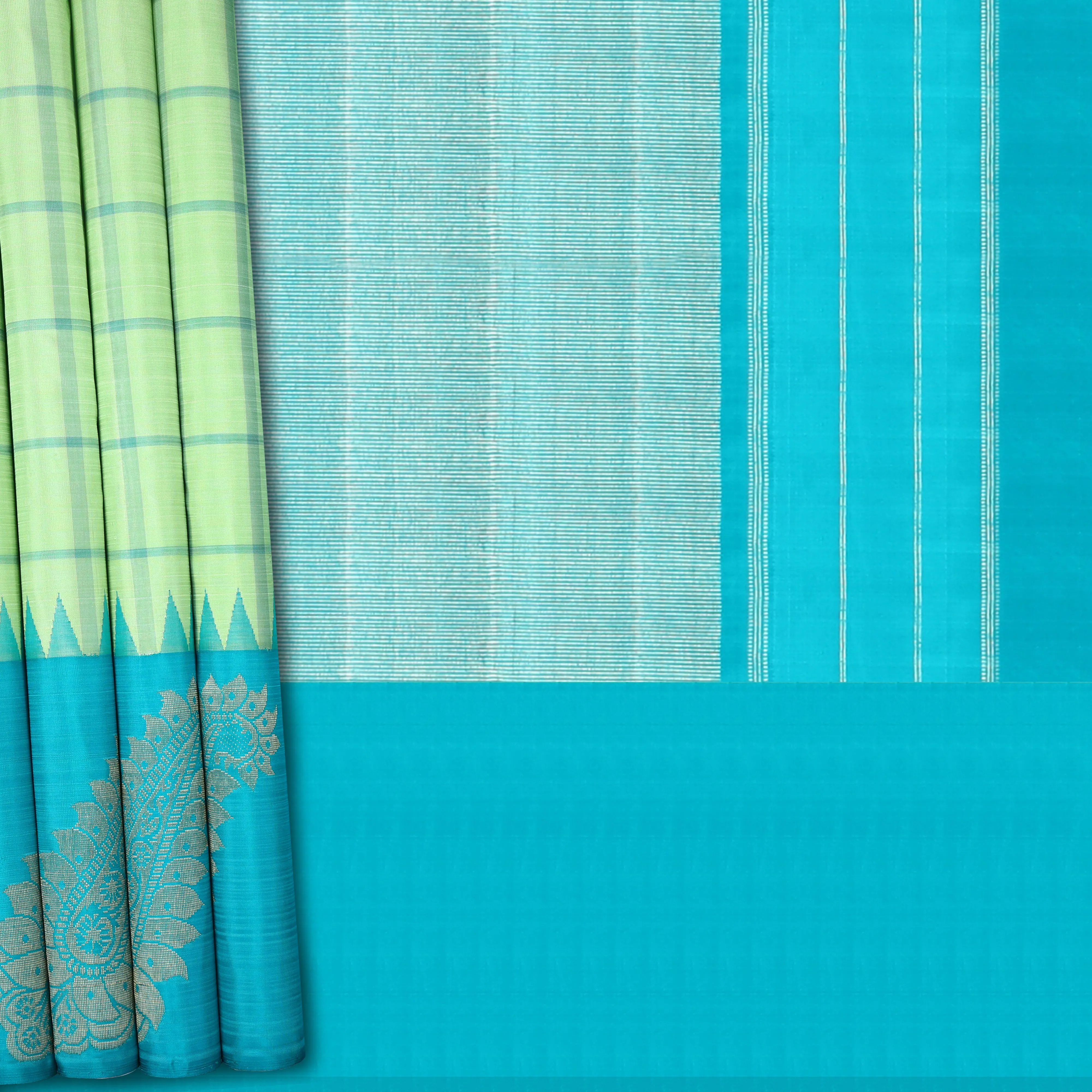 Handwoven Green with Blue Kanjivaram Silk Saree - 679T003093DSC