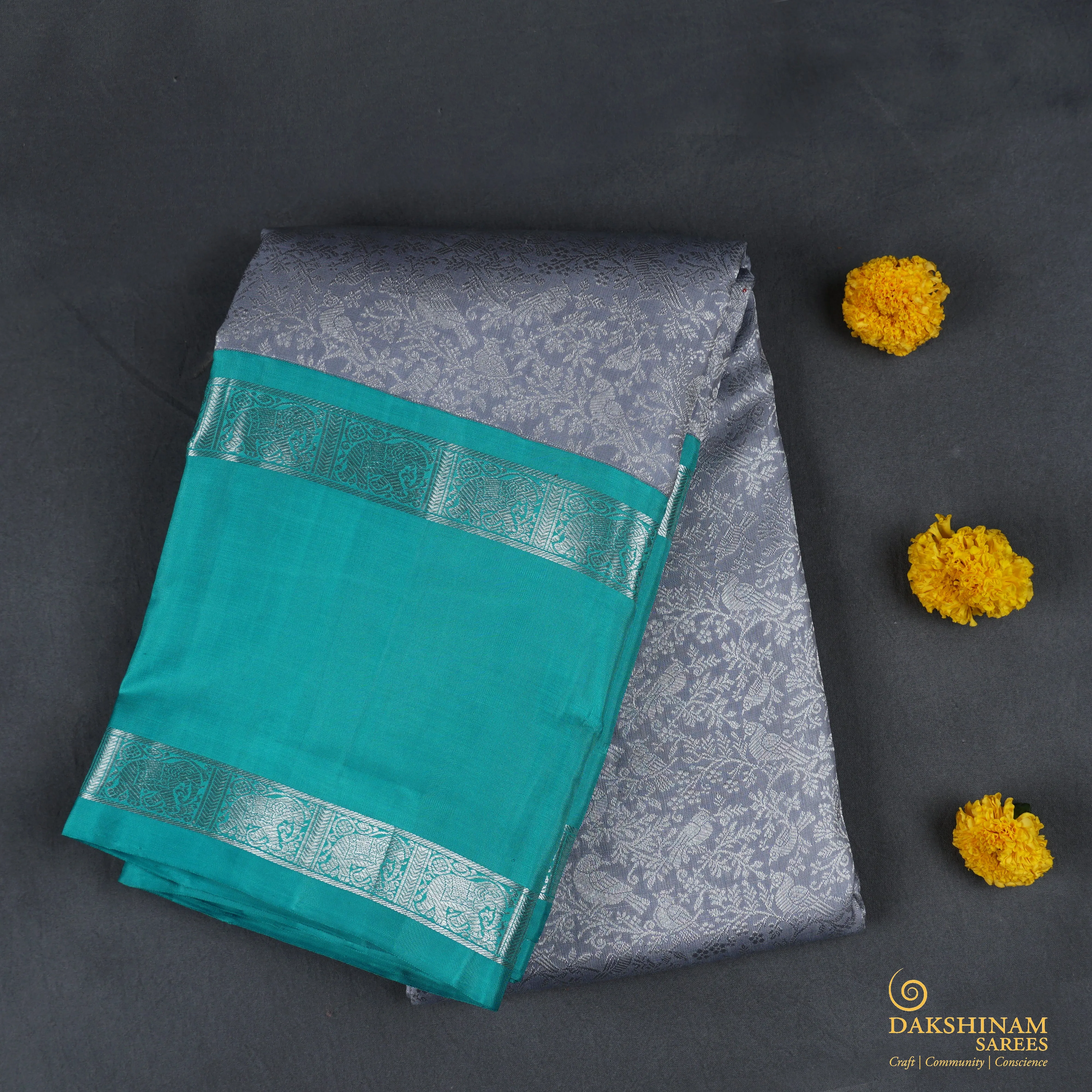 Handwoven Grey with Blue Kanjivaram Silk Saree - 1862T006050DSC