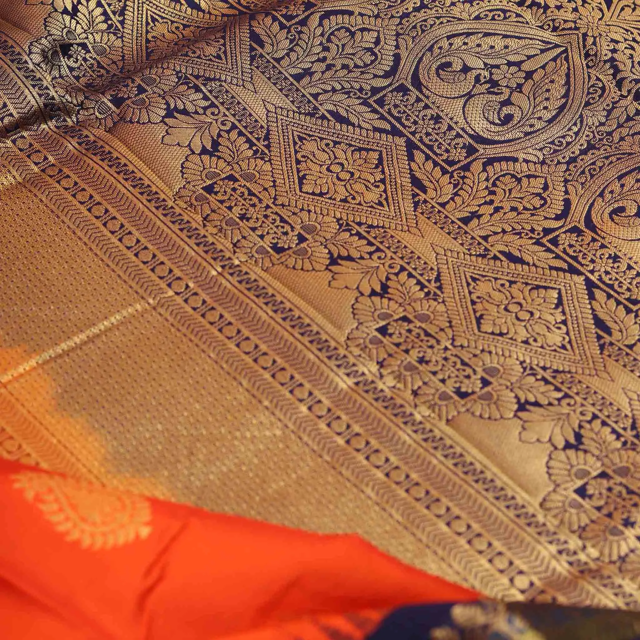 Handwoven Orange with Blue Kanjivaram Silk Saree - 111N004933DSA