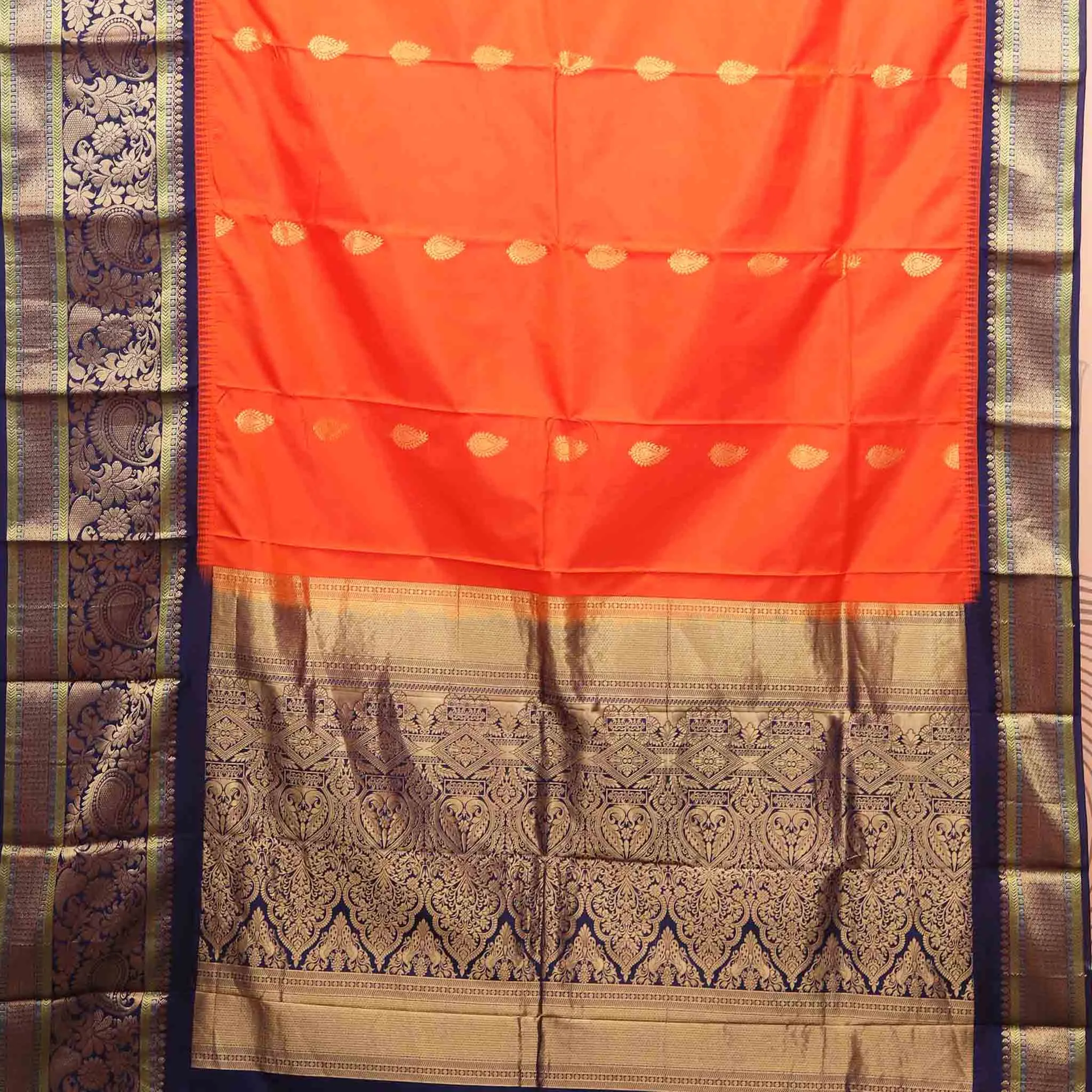 Handwoven Orange with Blue Kanjivaram Silk Saree - 111N004933DSA