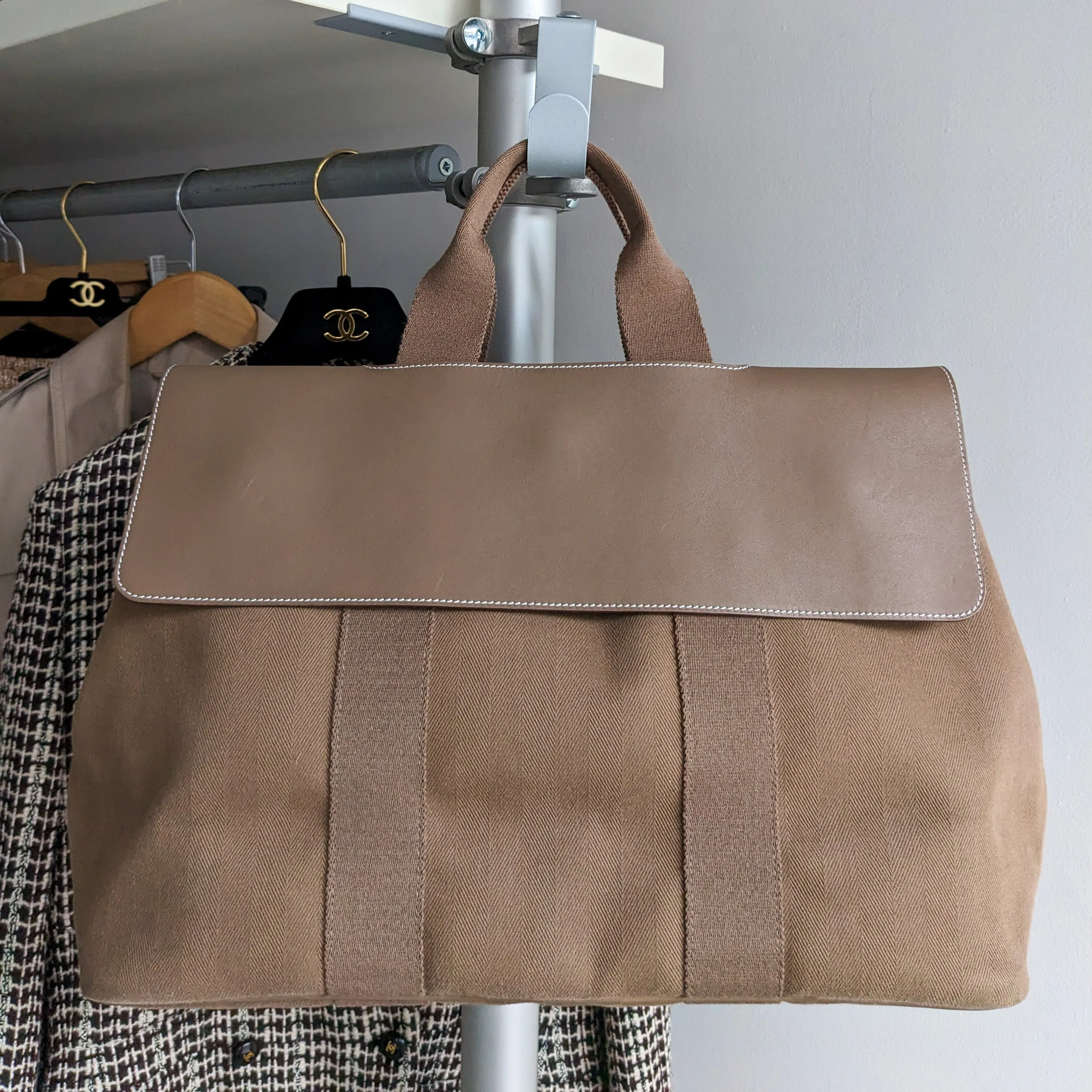 Hermes Khaki Canvas and Leather Valparaiso MM Tote Bag