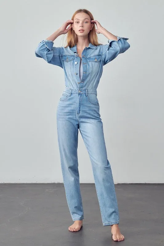 High Waist Flap Pocket Half Button Denim Jumpsuit