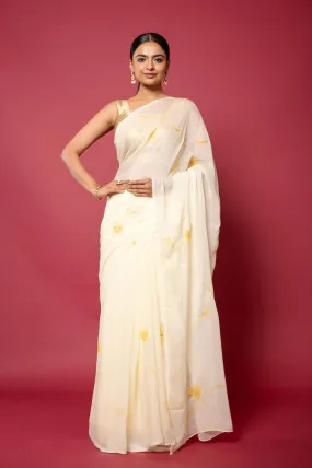 Ivory Handpainted Viscose Chiffon Saree