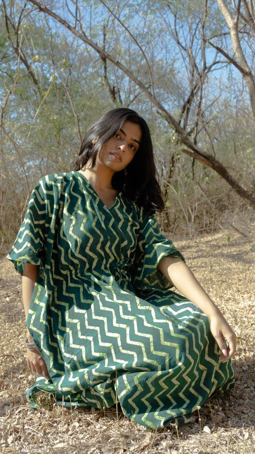 Kaisori Chevron new Mulmul natural dyed green paisley Kaftan