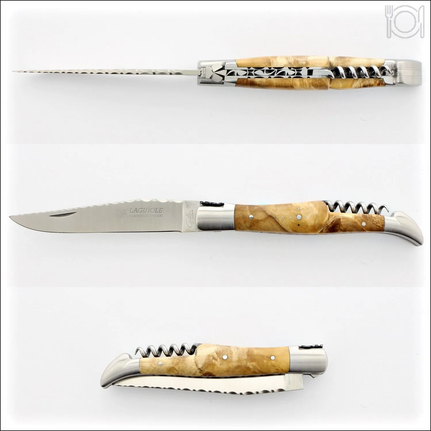 Laguiole Guilloche Corkscrew Knife - Burled Maple Handle