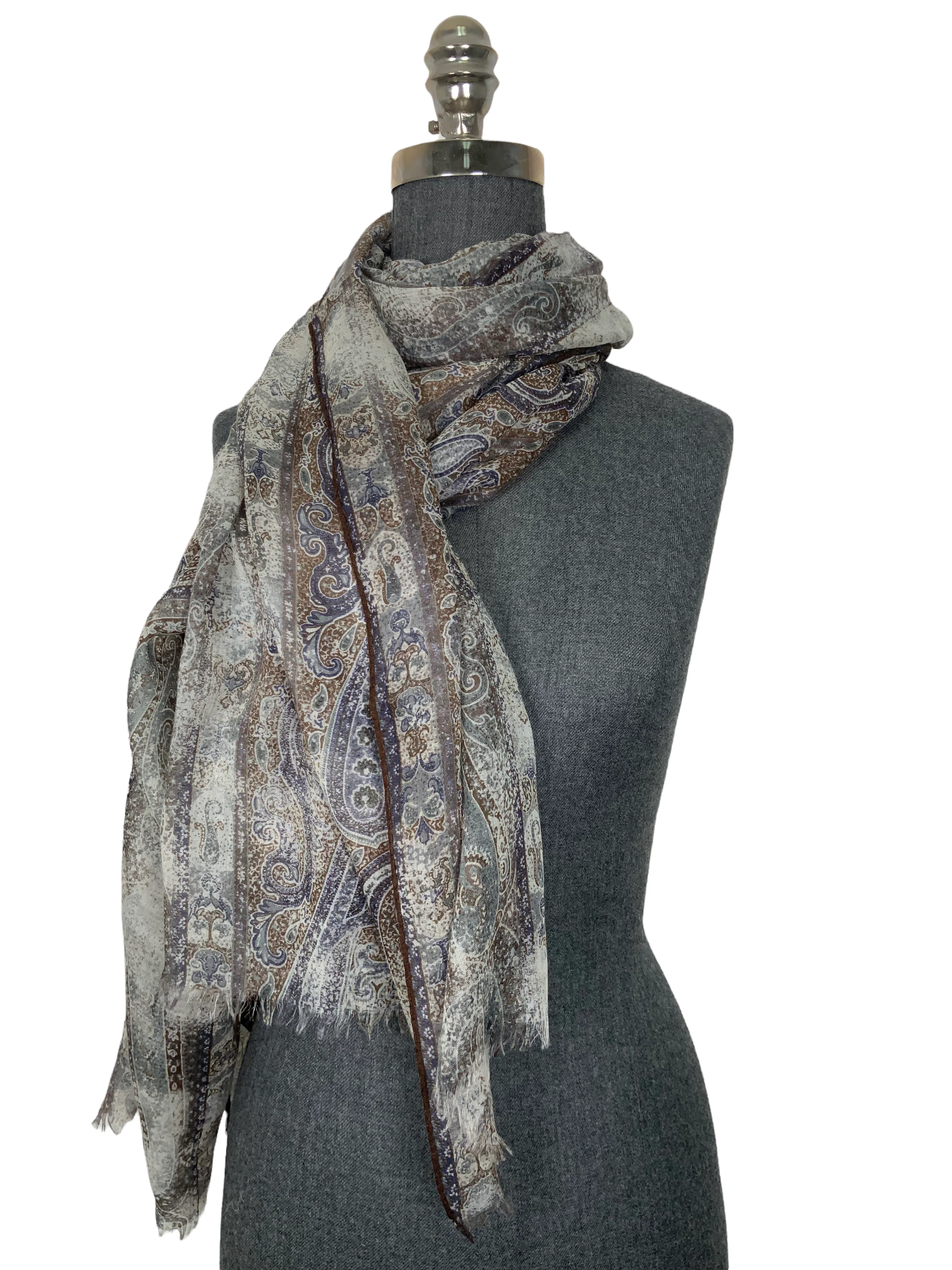 Loro Piana Cashmere Paisley Fringe Trim Oblong Scarf