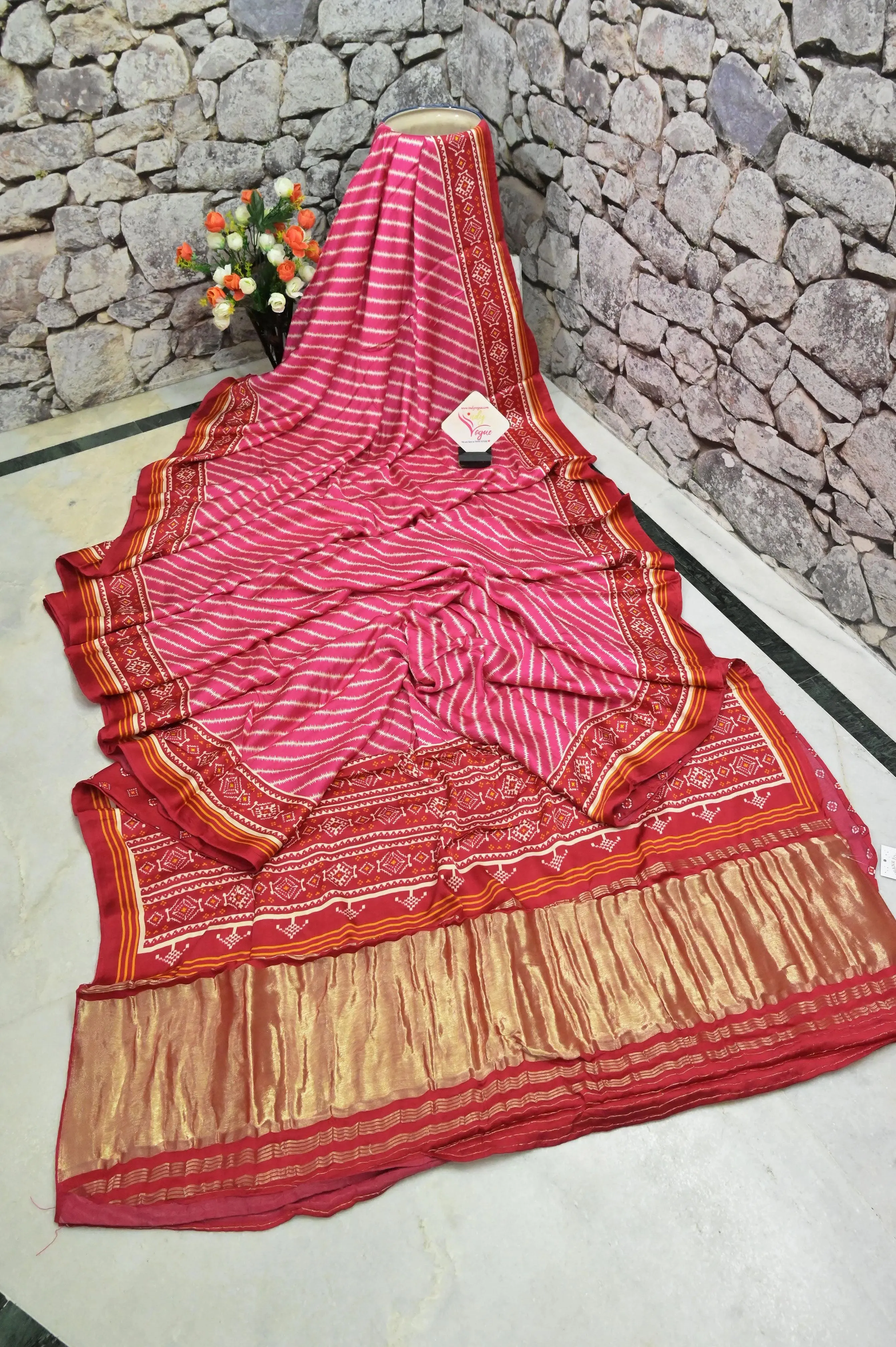 Magenta and Red Color Ghazi Silk Saree with Leheriya Design