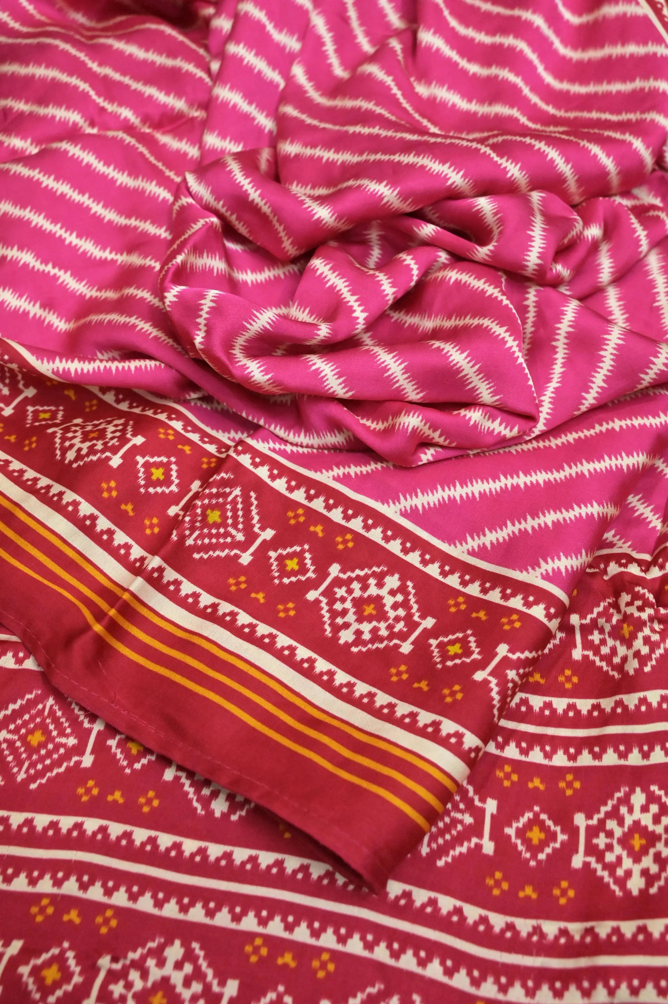 Magenta and Red Color Ghazi Silk Saree with Leheriya Design