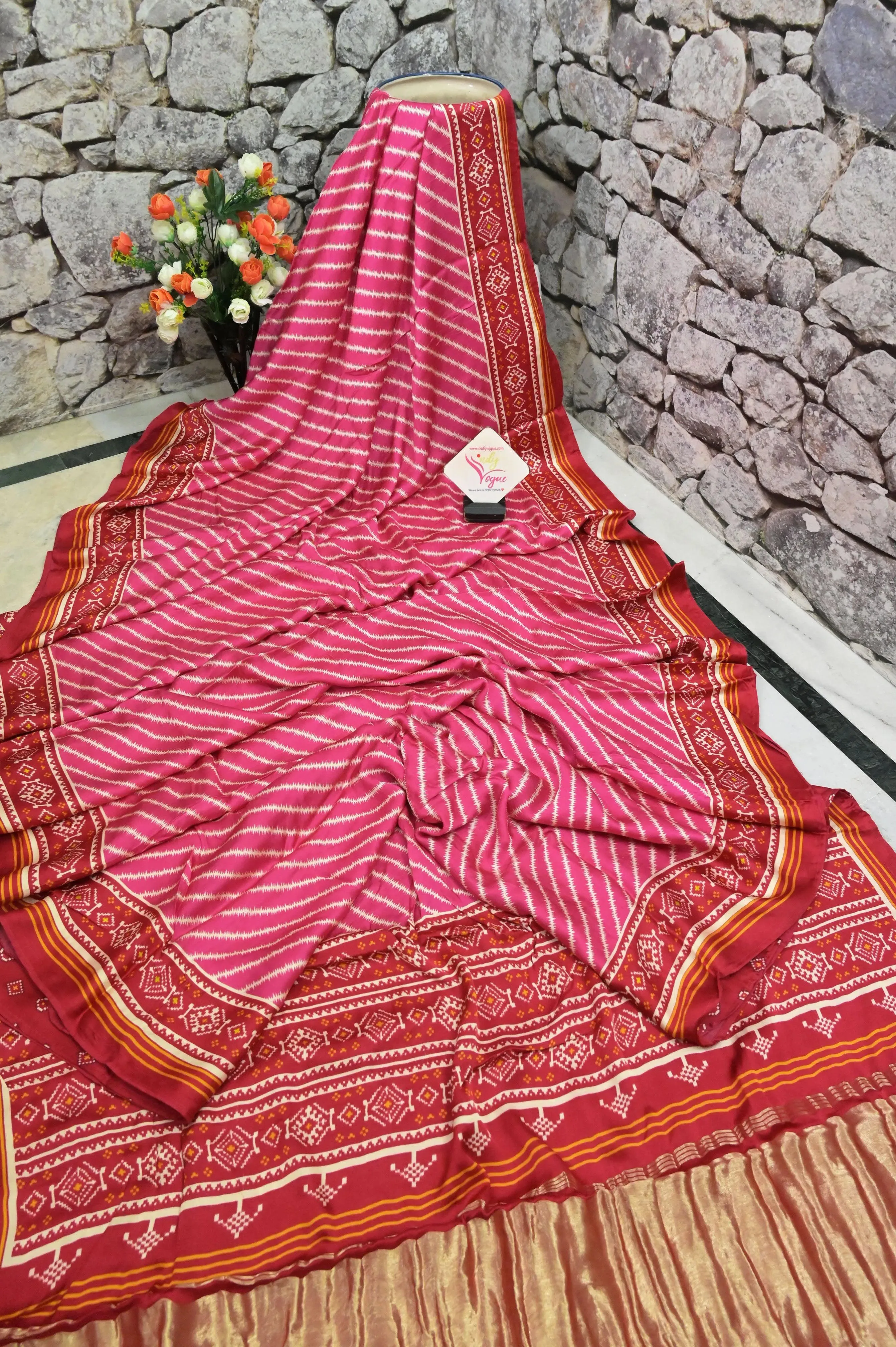 Magenta and Red Color Ghazi Silk Saree with Leheriya Design