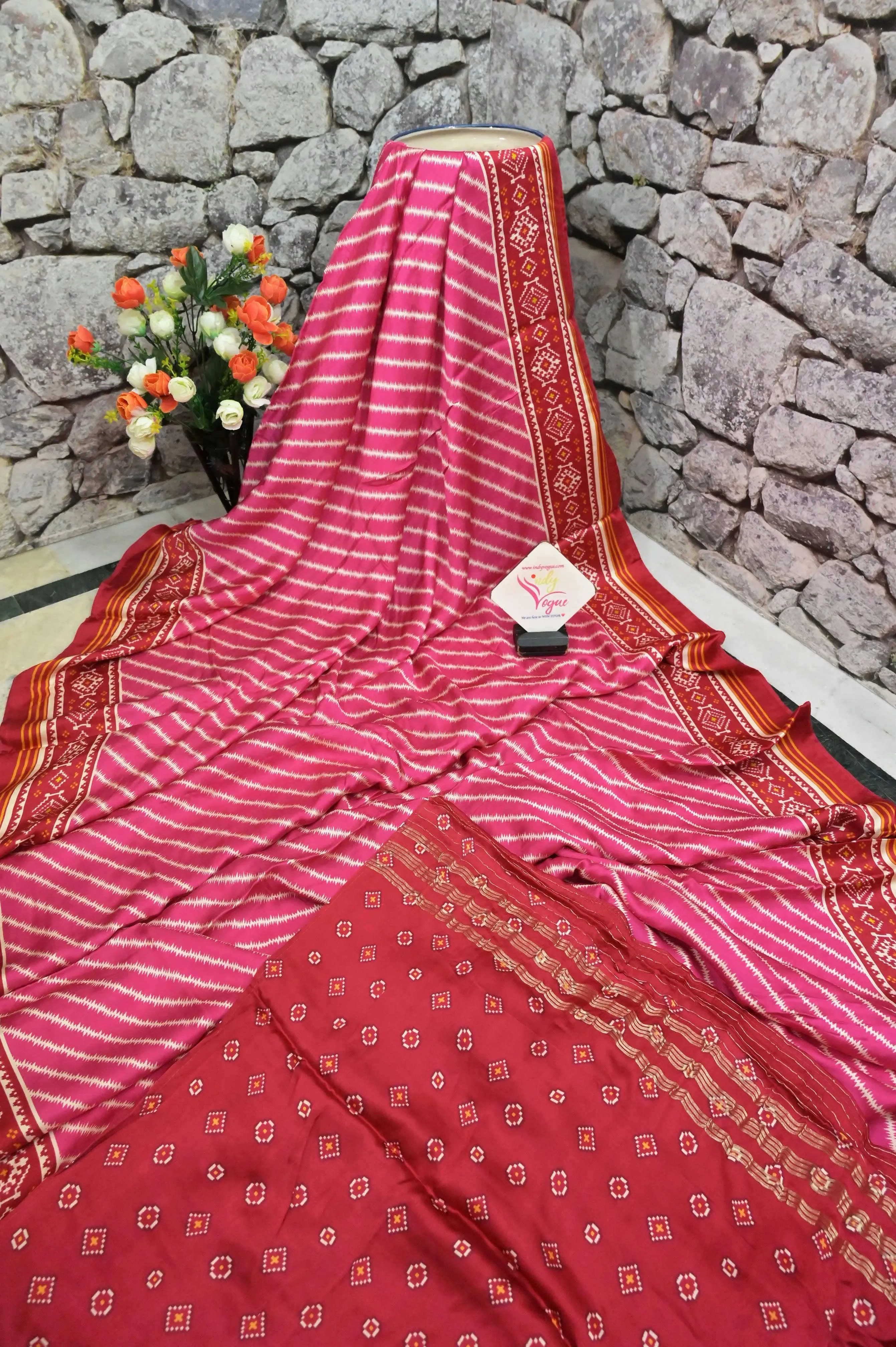 Magenta and Red Color Ghazi Silk Saree with Leheriya Design