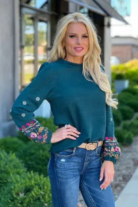 Maple Grove Embroidered Sleeve Knit Top : Teal/Multi