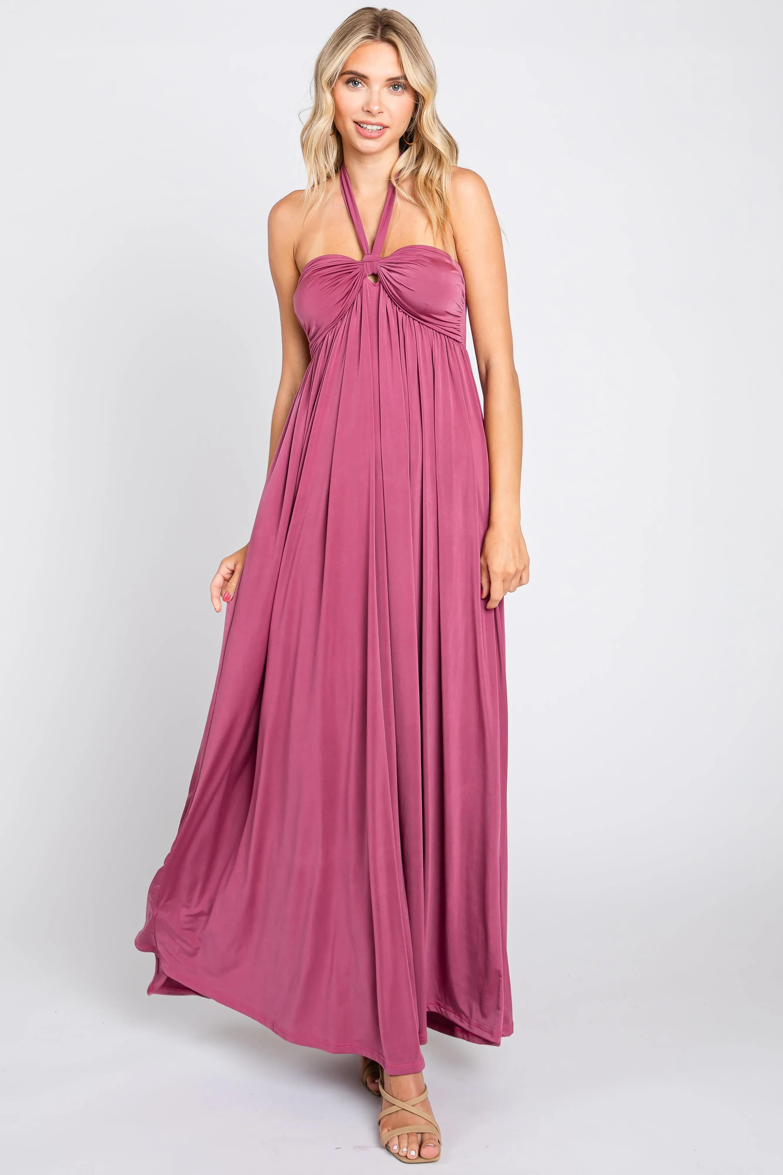 Mauve Front Knot Halter Maternity Maxi Dress