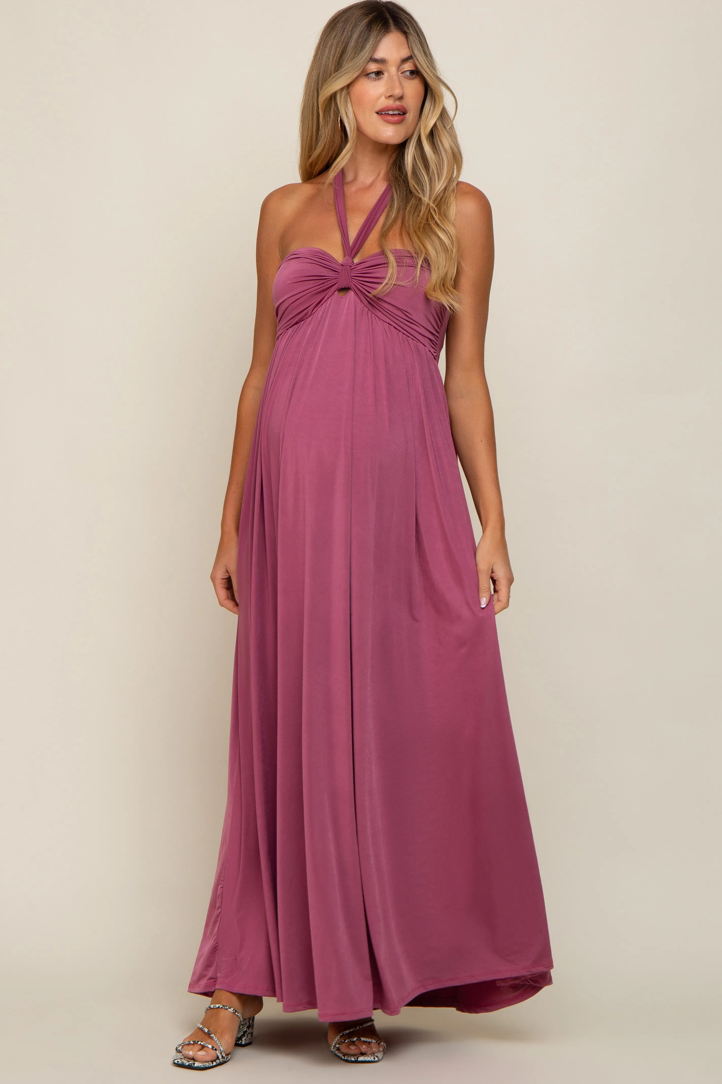 Mauve Front Knot Halter Maternity Maxi Dress