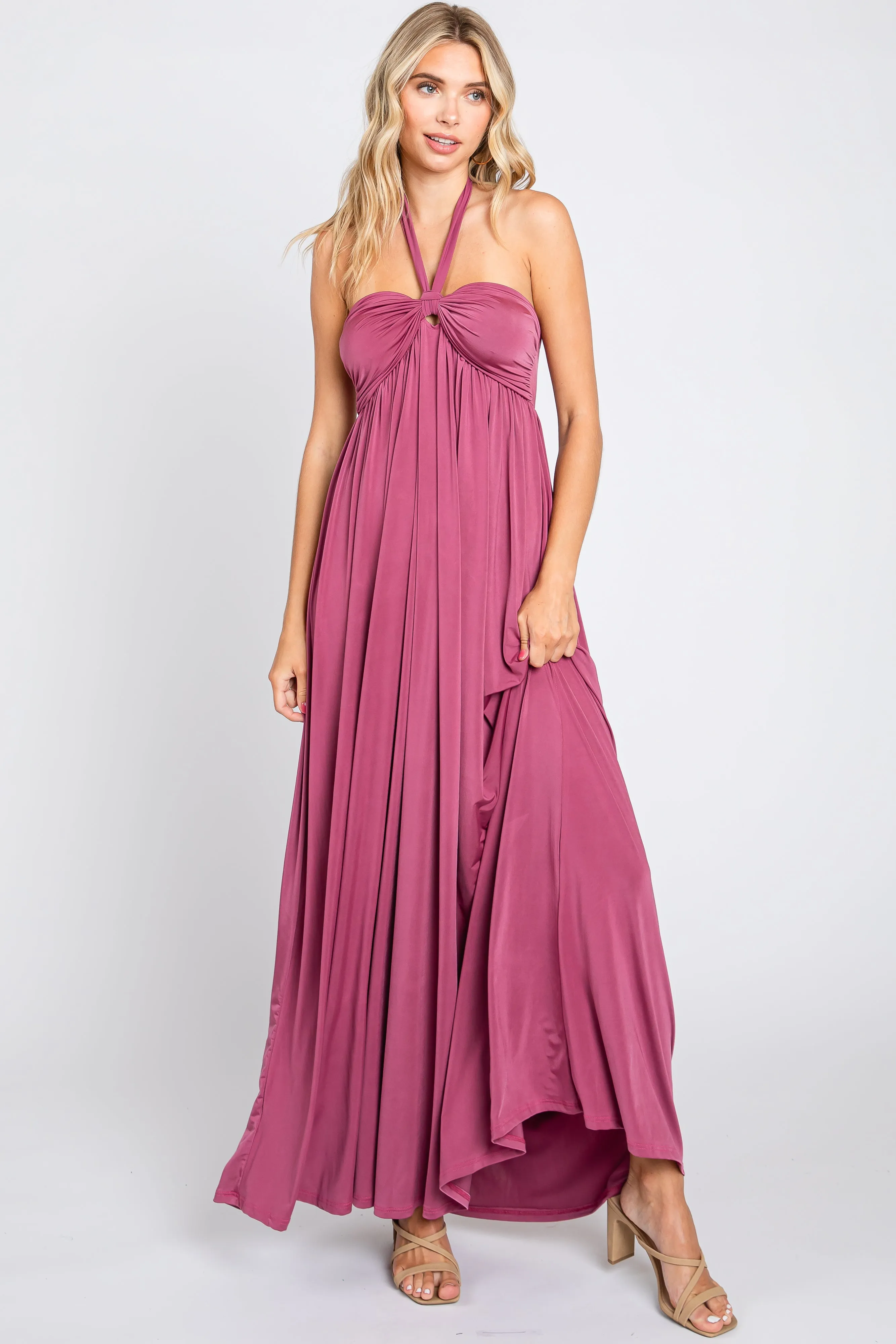 Mauve Front Knot Halter Maxi Dress