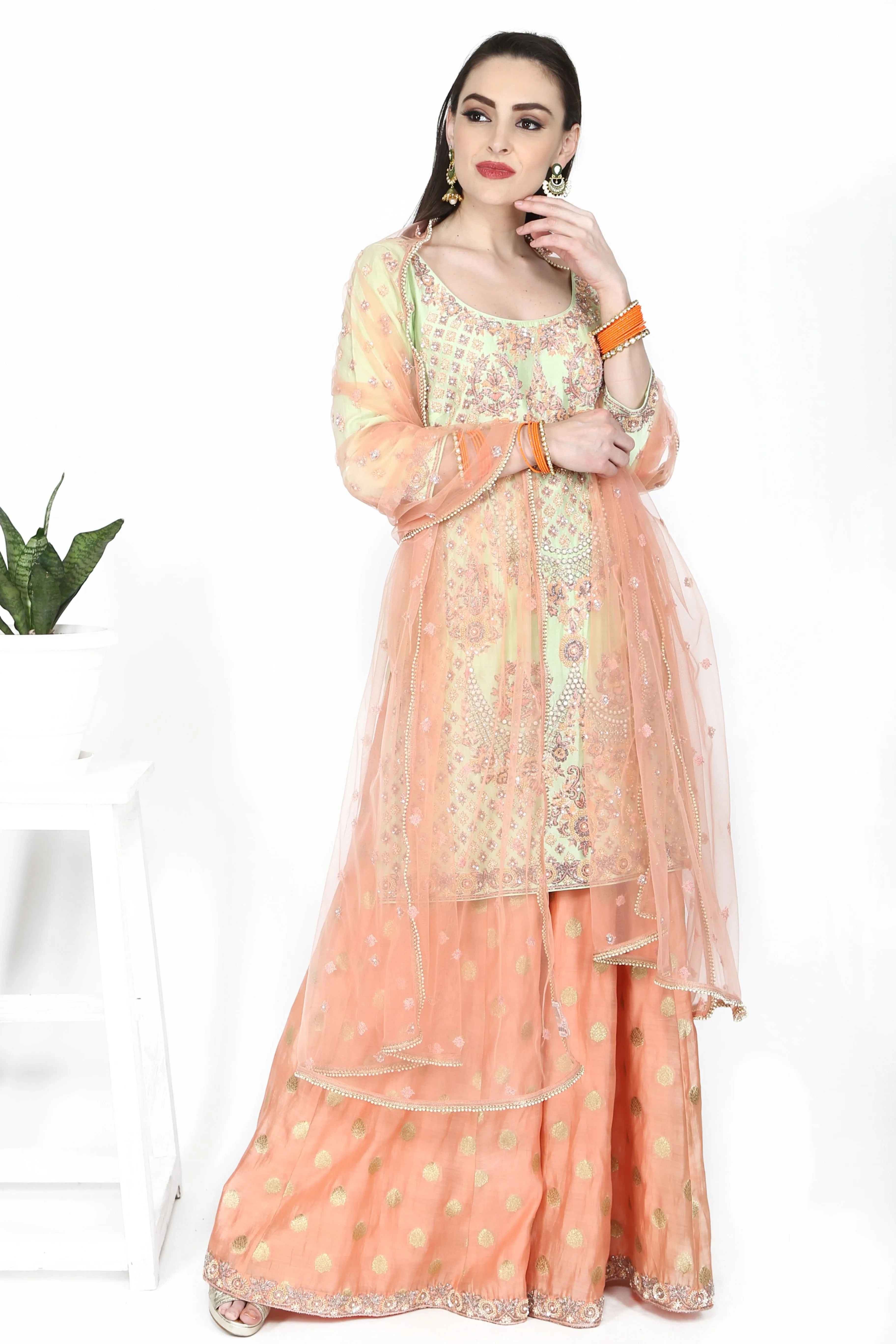 Mint green and Orange sharara set.