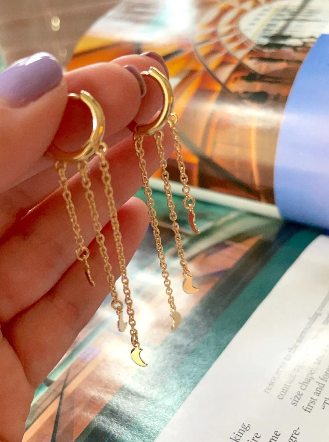 Moons tassel gold plated hoops earrings