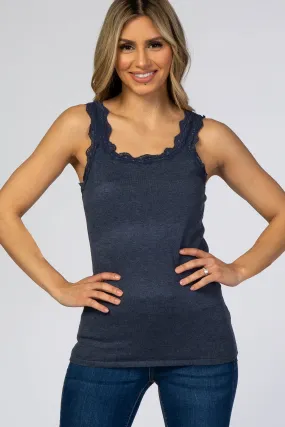 Navy Knit Lace Trim Tank