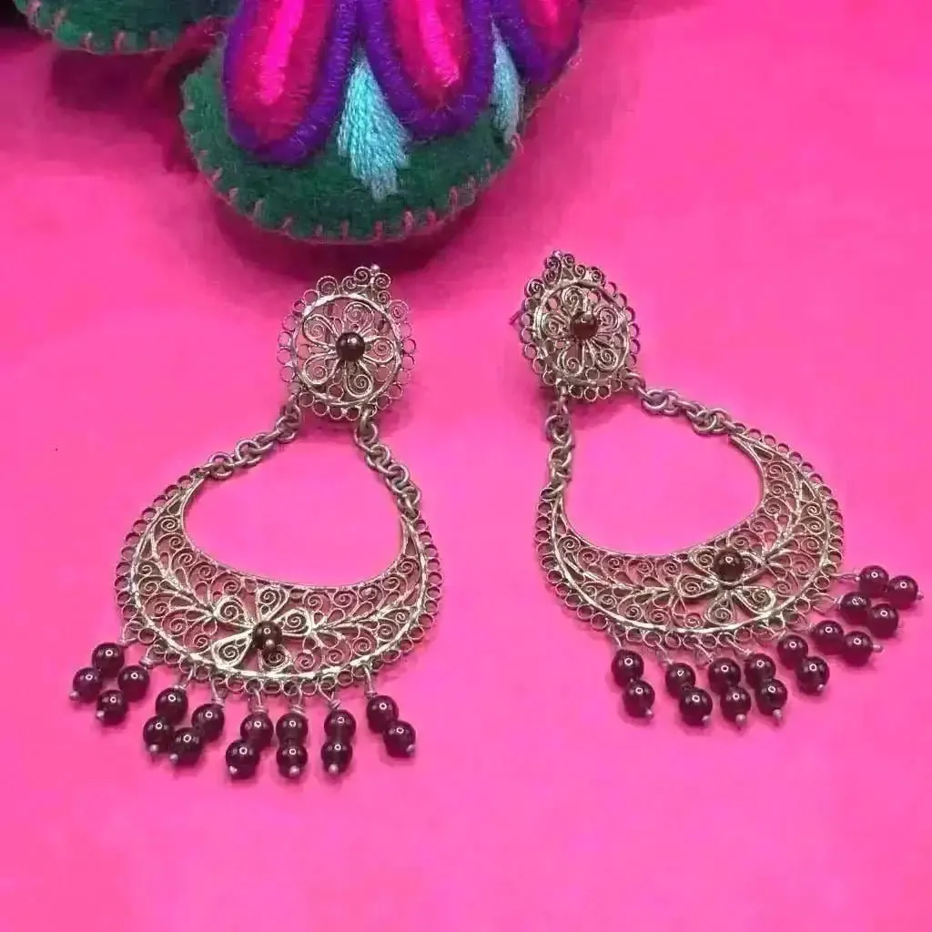 Oaxacan vintage Silver filigree earrings with garnets , circa 1950-intricate design