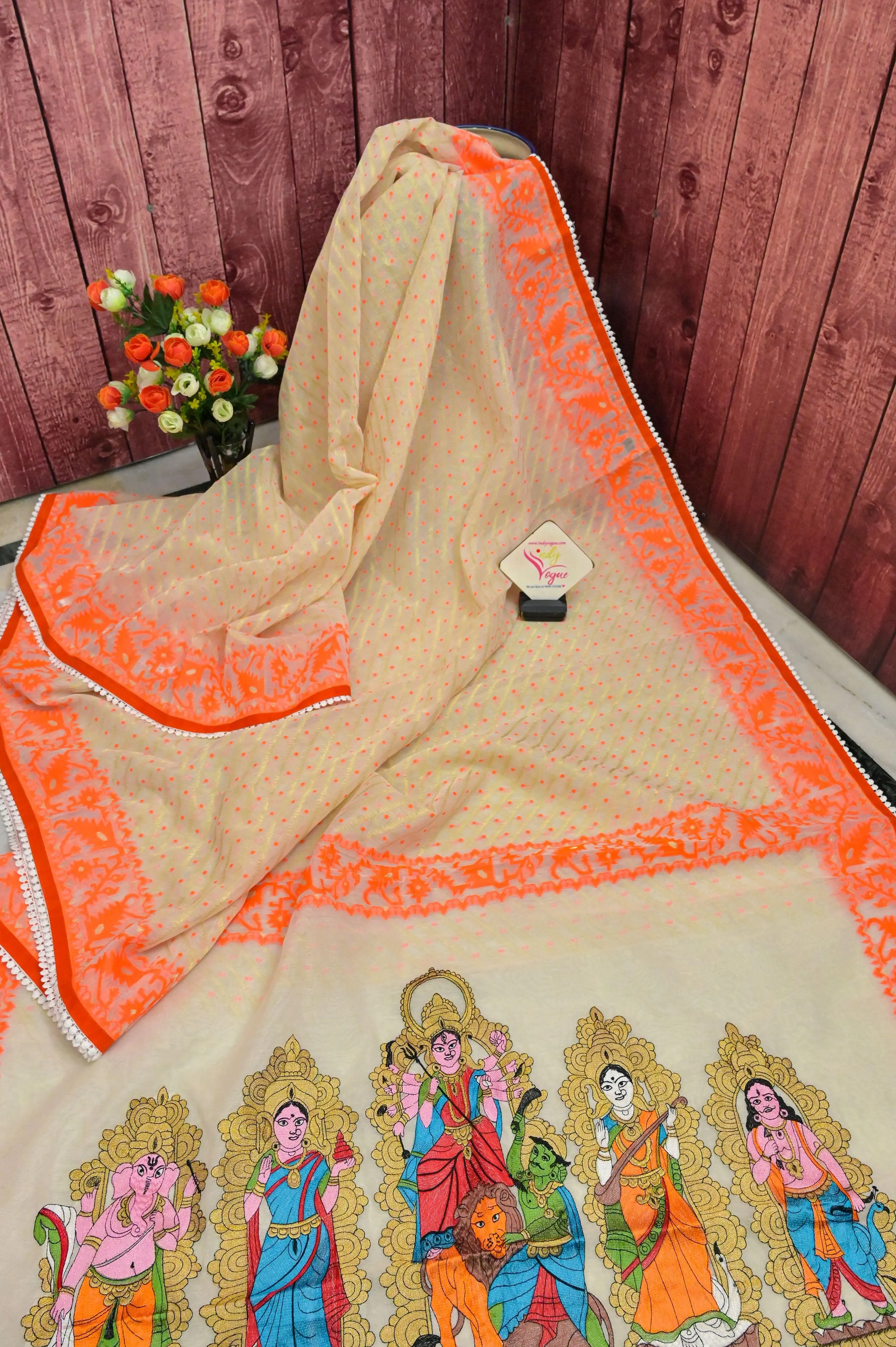 Offwhite and Orange Color Durga Jamdani with Embroidery and Lace Work