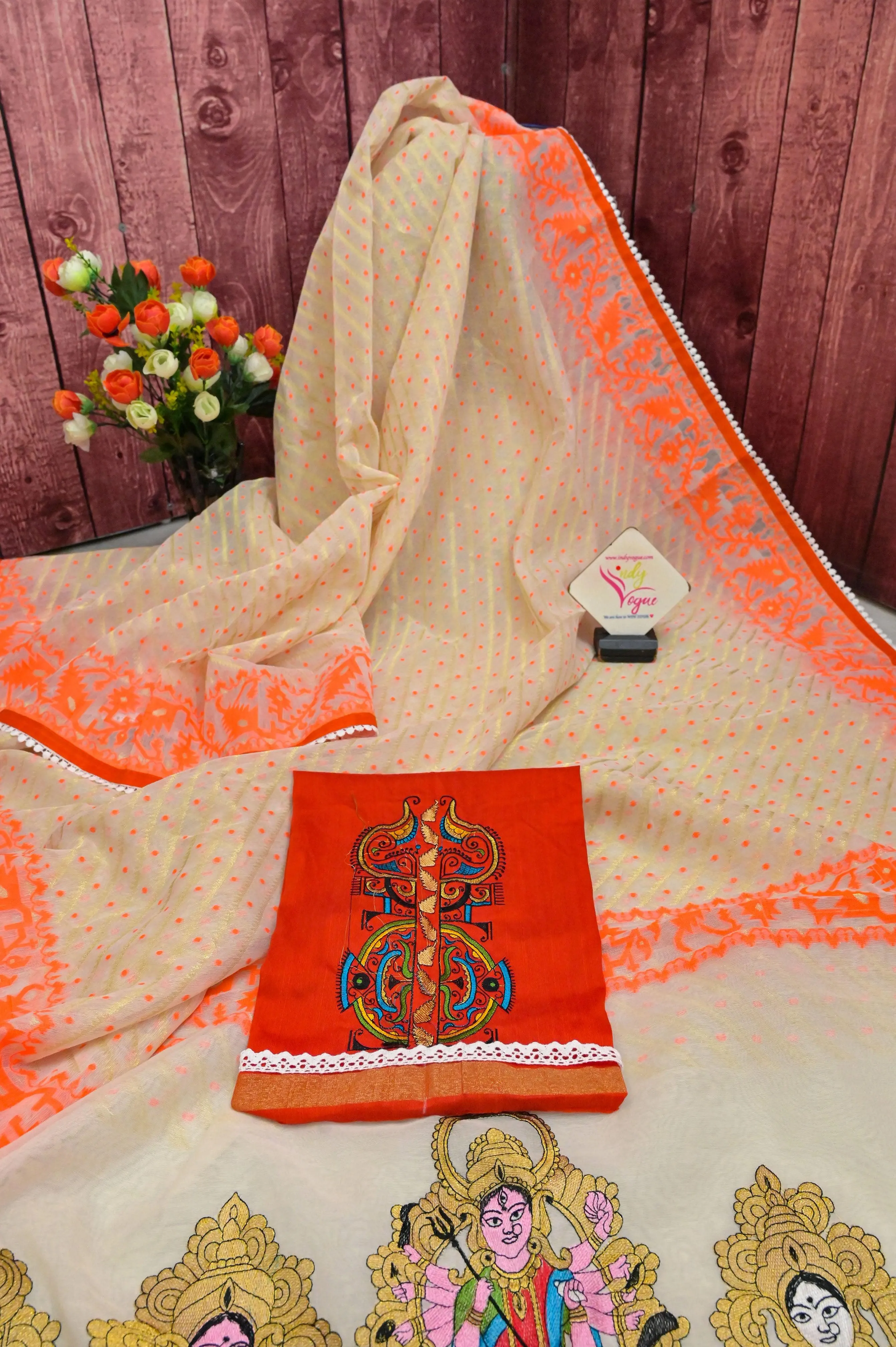 Offwhite and Orange Color Durga Jamdani with Embroidery and Lace Work