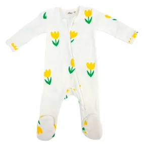 oh baby! Cotton Baby Rib Zipper Footie - Yellow Tulips Print - Cream