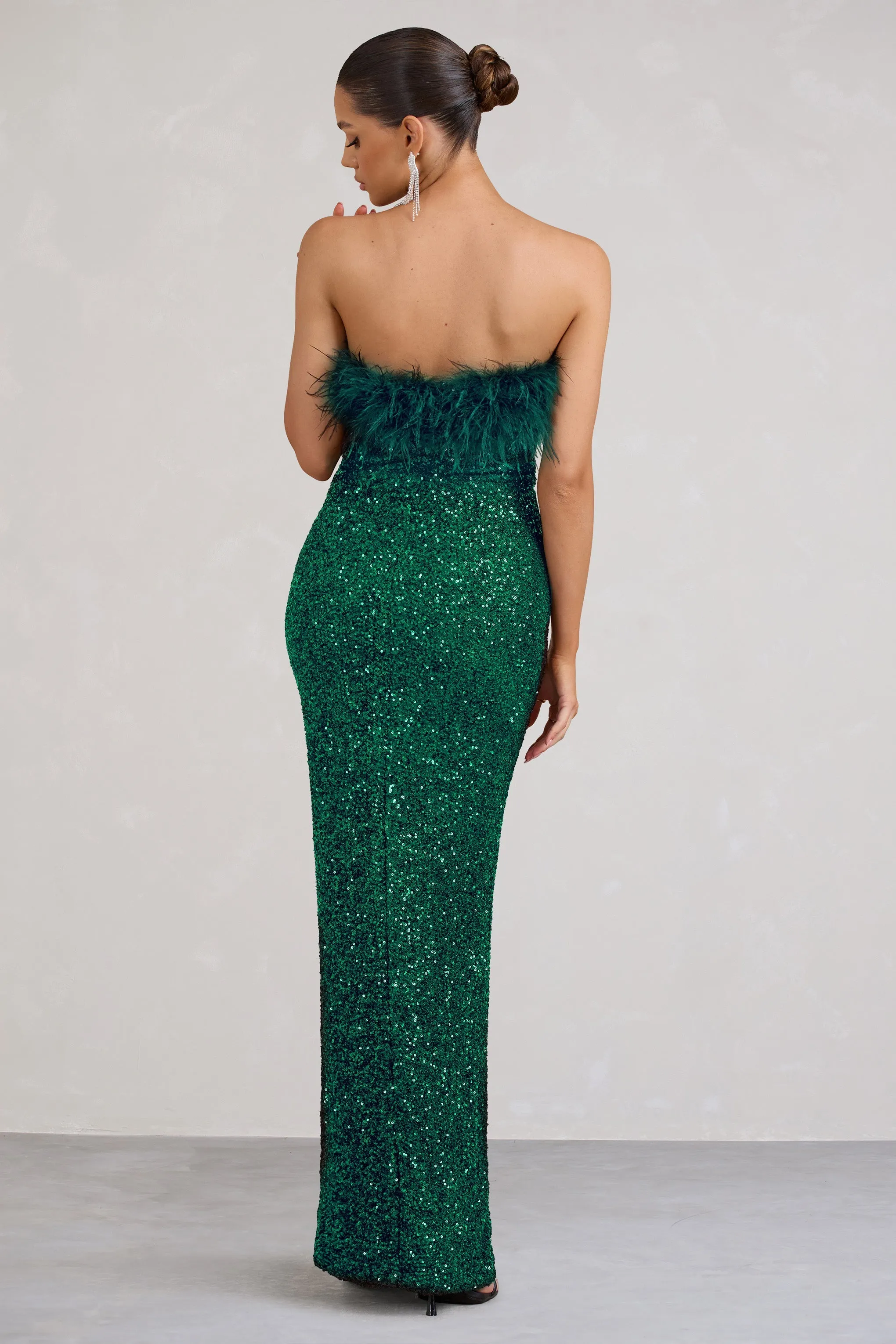 Old Money | Bottle Green Bodycon Sequin Maxi Dress With Feather Trim