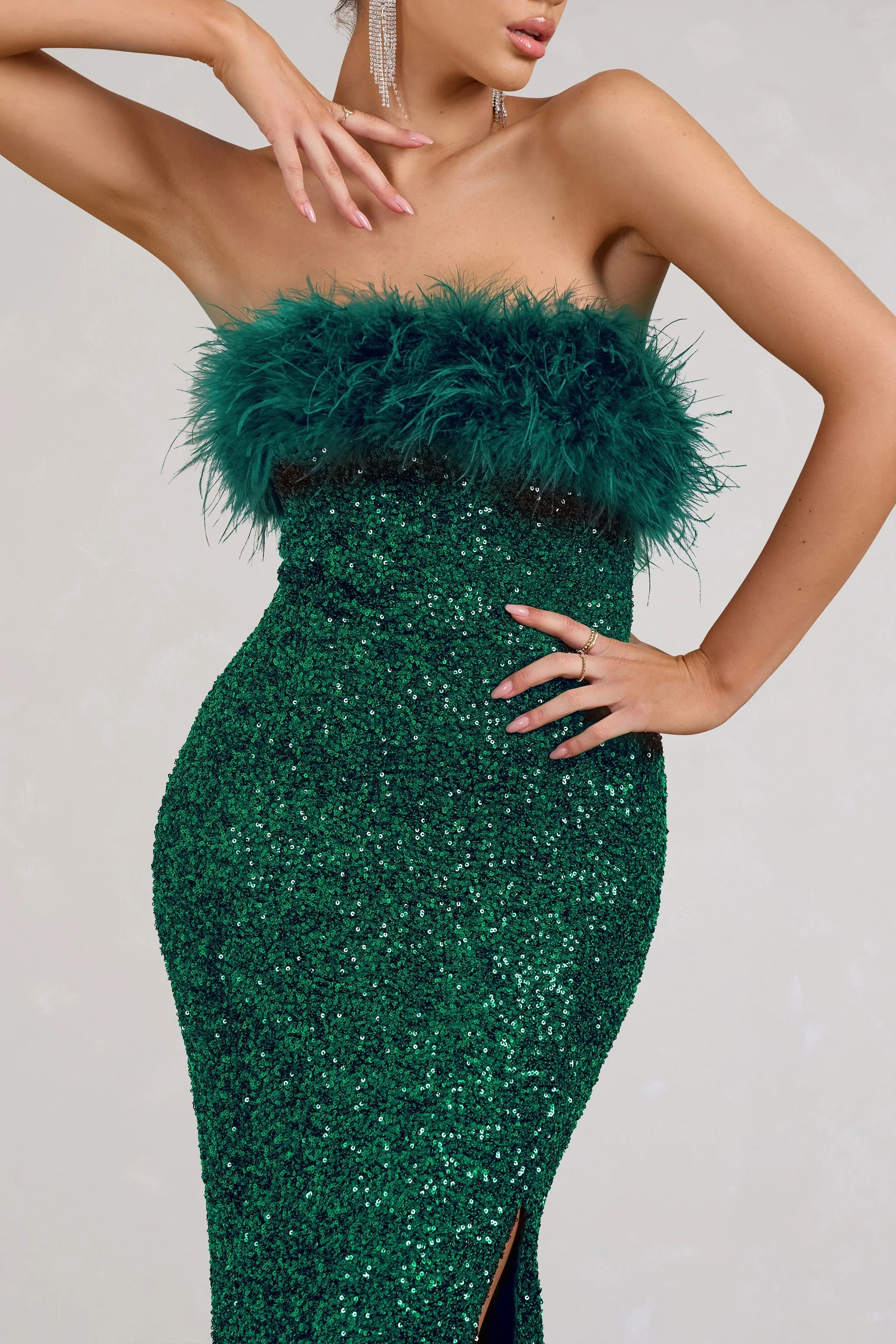 Old Money | Bottle Green Bodycon Sequin Maxi Dress With Feather Trim