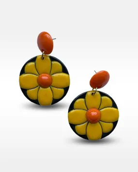 Orange and Yellow Plastic Daisy Pierced Earrings