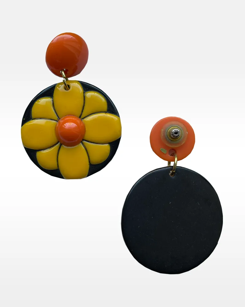 Orange and Yellow Plastic Daisy Pierced Earrings