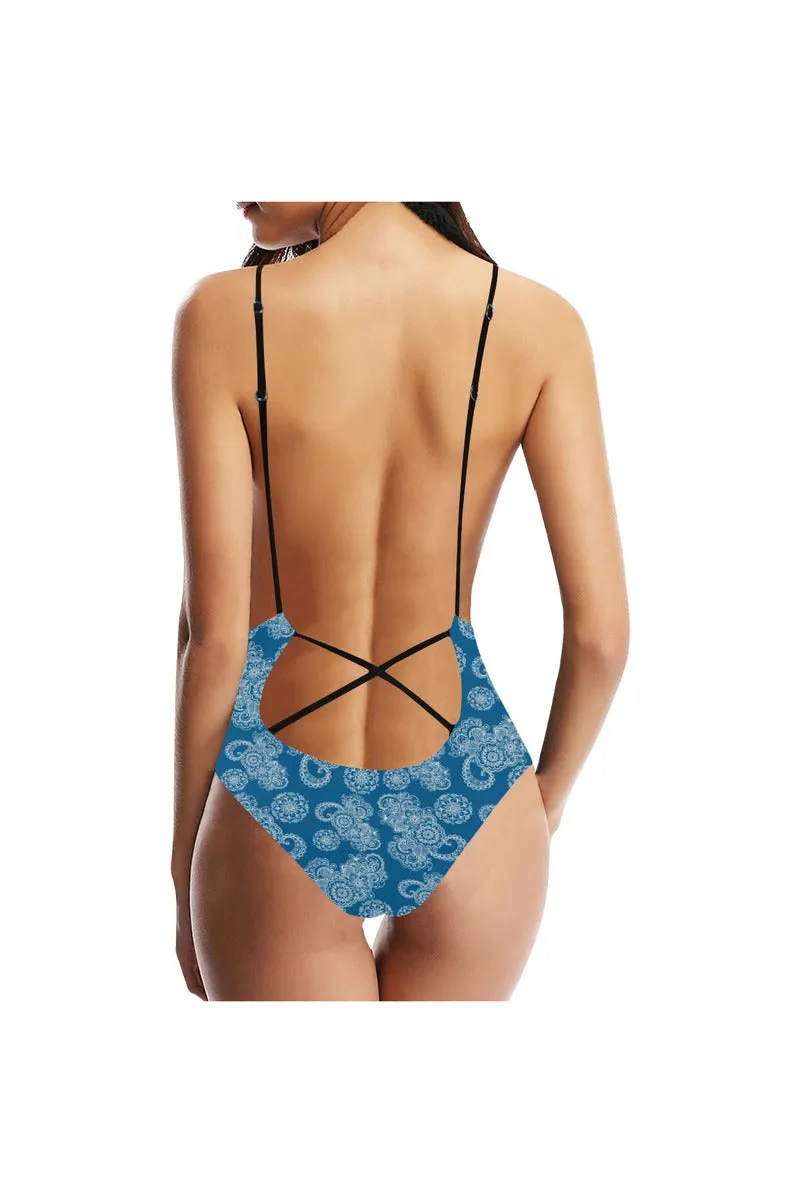 Paisley in Royal Blue Sexy Lacing Backless One-Piece Swimsuit (Model S10)