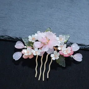 Peach White Floral Butterfly CZ Bridal Wedding Hair Comb Accessory