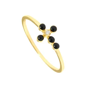 Pearled Cross Diamond Black Ring, Yellow Gold, Size 6