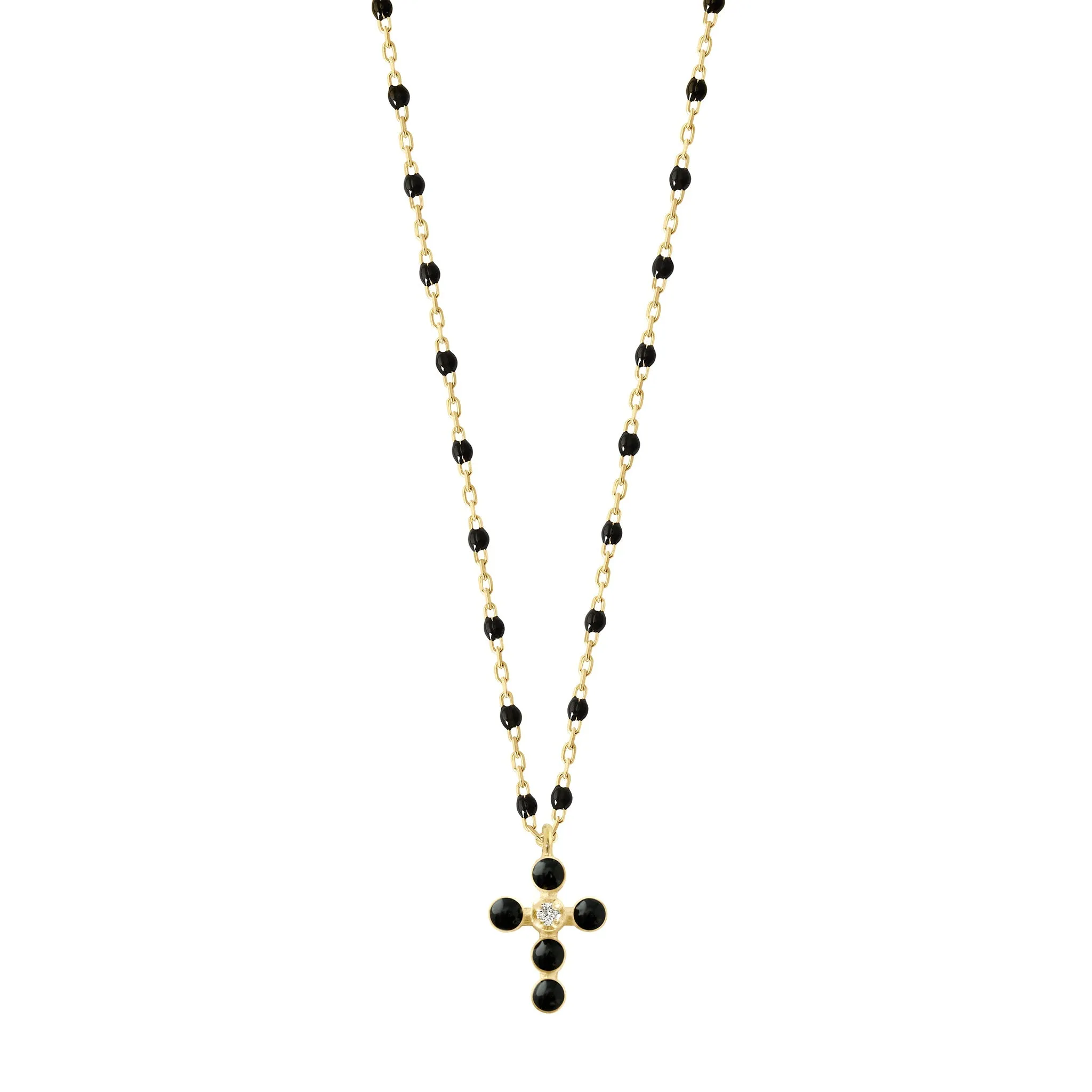 Pearled Cross Diamond Necklace, Black, Yellow Gold, 16.5"