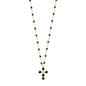 Pearled Cross Diamond Necklace, Black, Yellow Gold, 16.5"