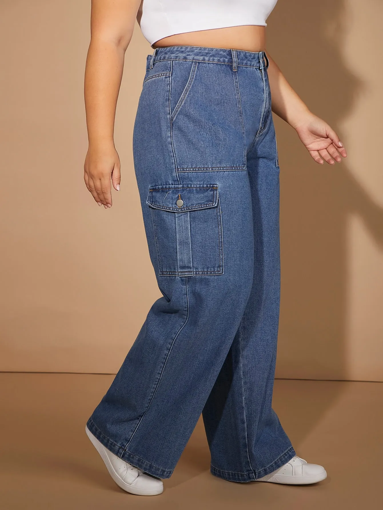 Plus High Waist Flap Pocket Side Cargo Jeans