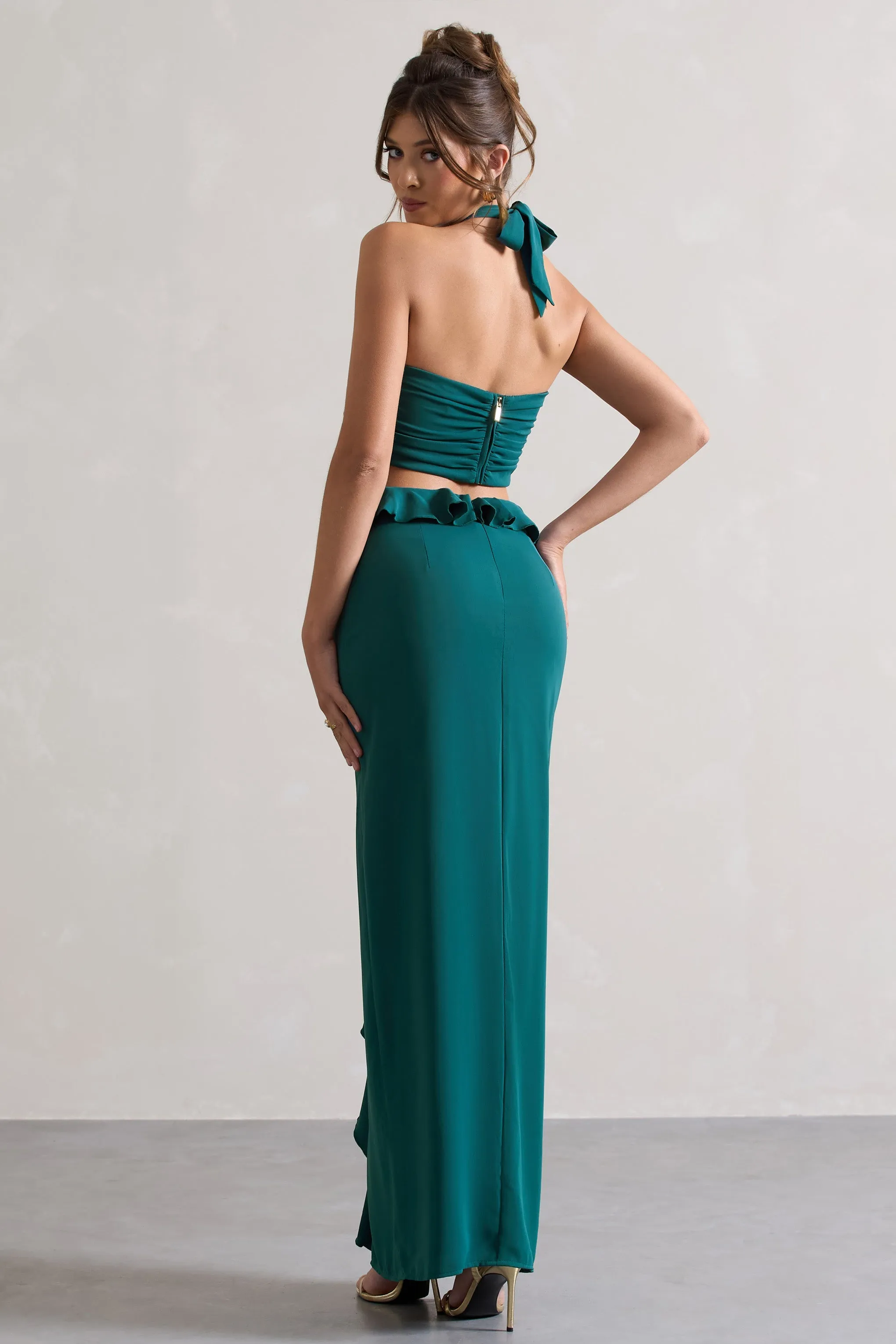 Powerful | Petrol Blue Cut-Out Halter-Neck Maxi Dress With Flower & Ruffles