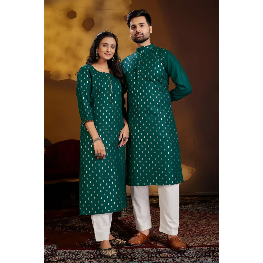 Pure Cotton Green Traditional Same Matching Color Couple Wear Outfits Dress