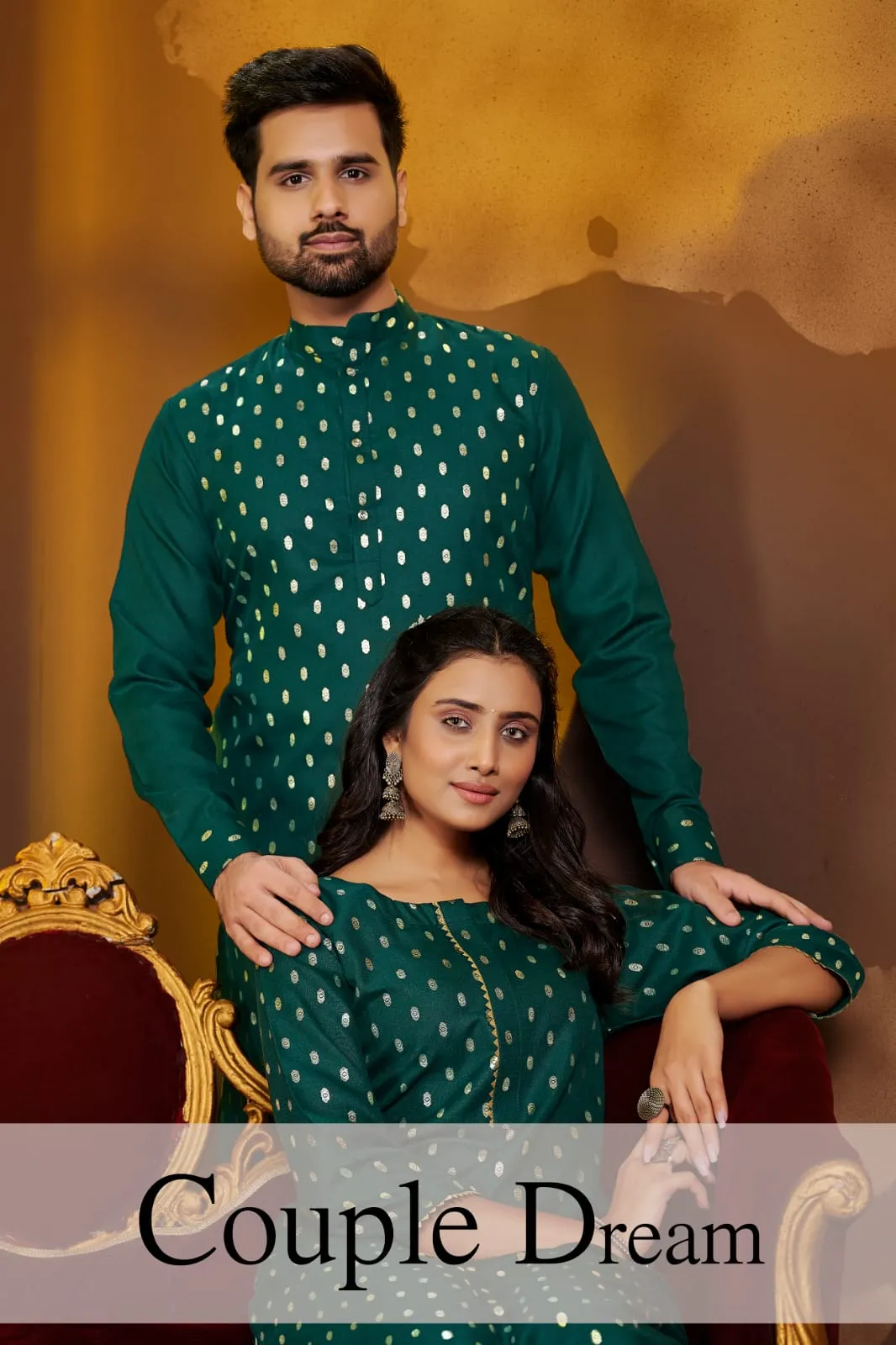 Pure Cotton Green Traditional Same Matching Color Couple Wear Outfits Dress