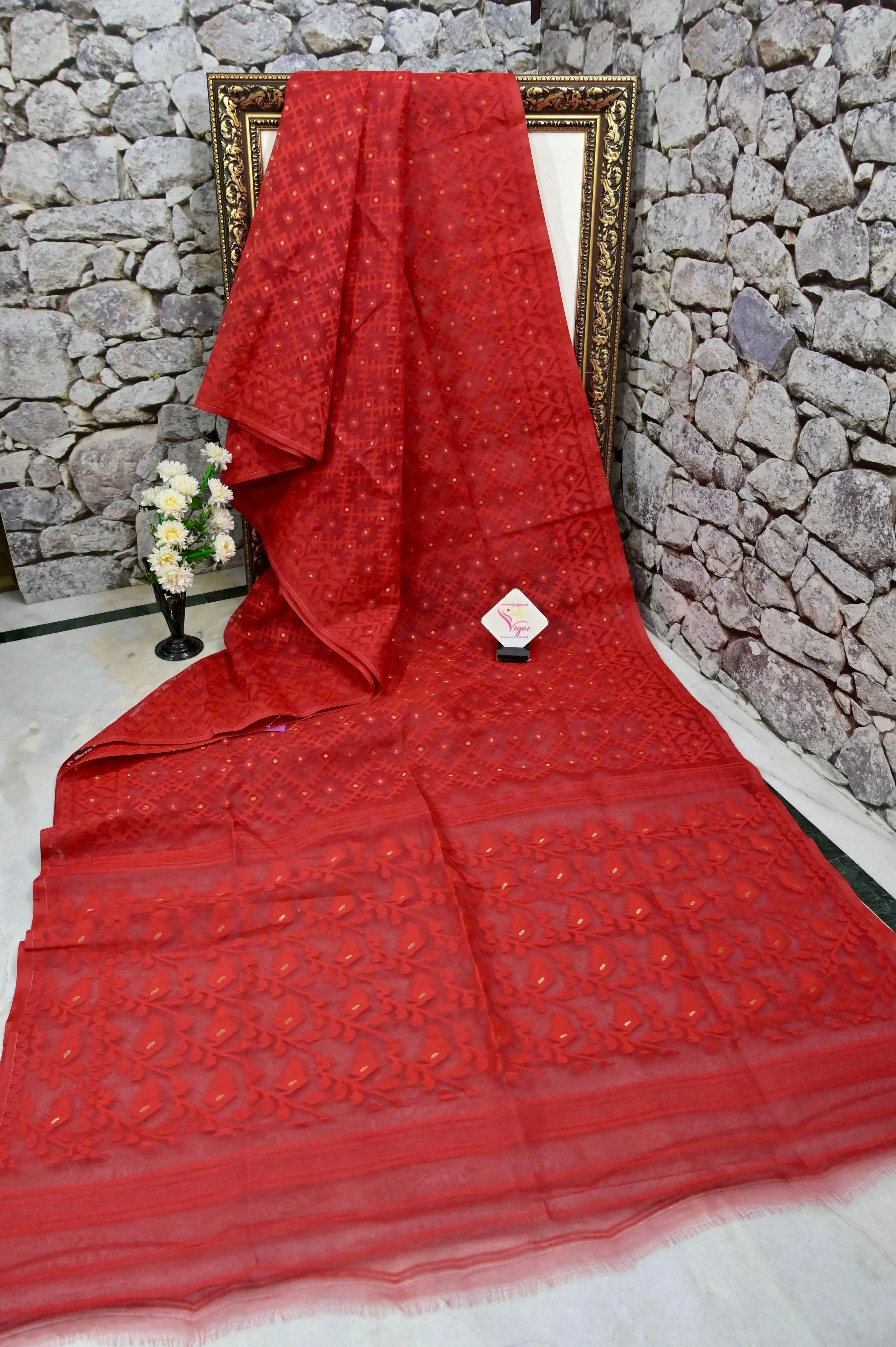 Red Color Jamdani Saree with Allover Work