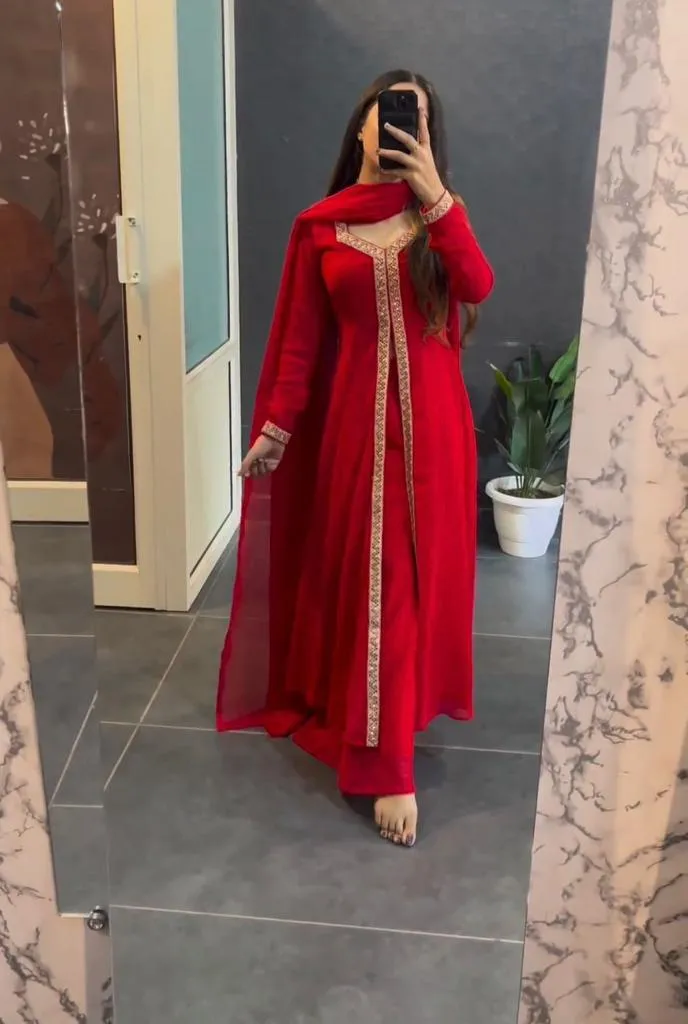 Red Zari Gotta Work Aline Long Salwar Suit