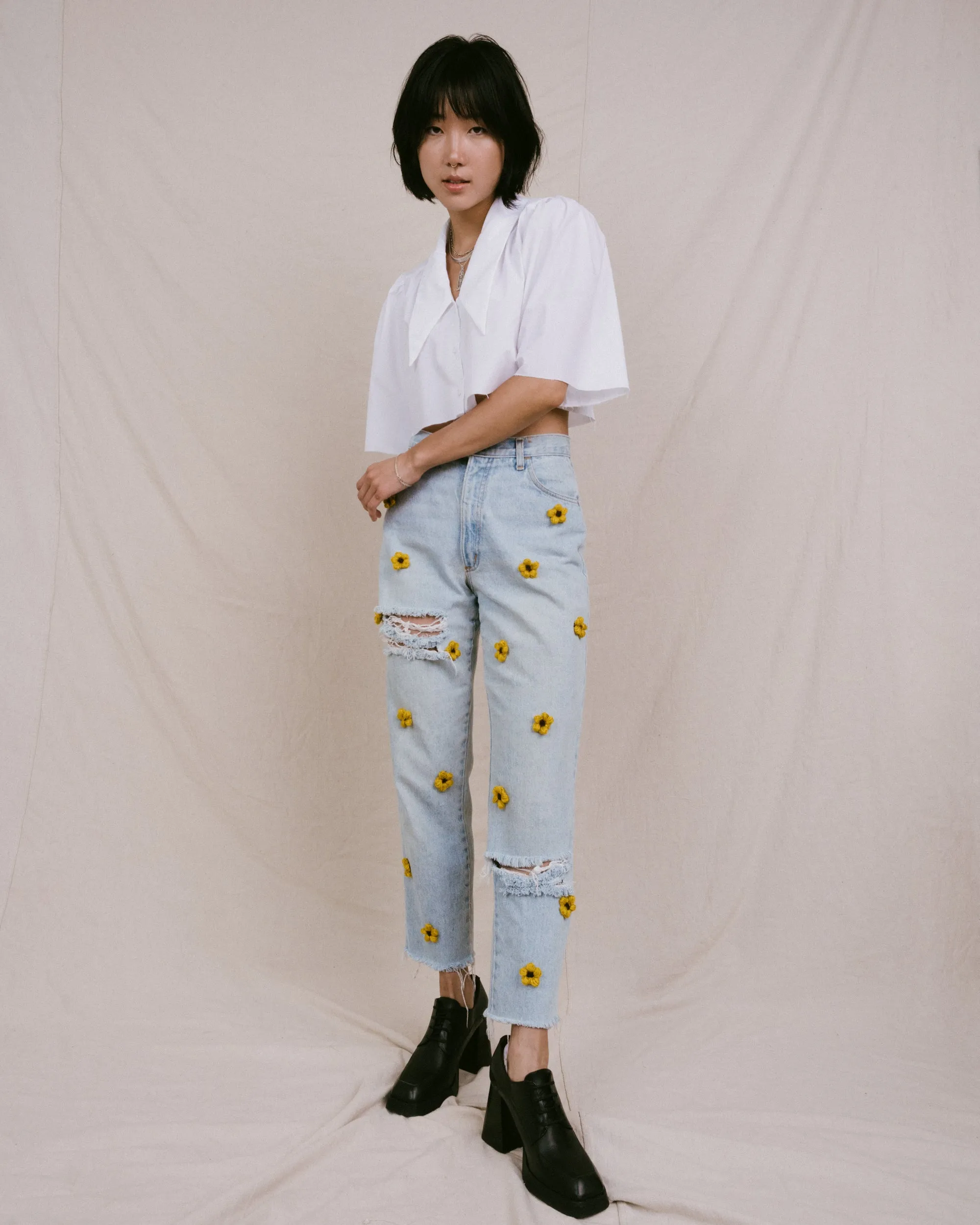 Remade Vintage Flower Denim Pants (S)