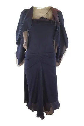 ROLAND MOURET Navy Blue Wool Blend Dress and Cape Set (UK 10)