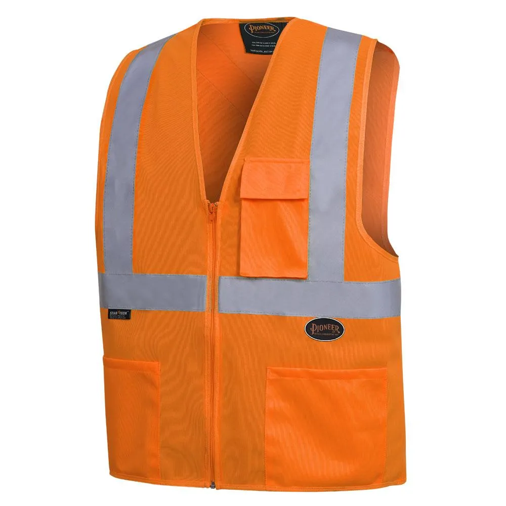 Safety Vest - Pioneer Hi-Viz Orange Front Zip Safety Vest with 2 Tape, 6962