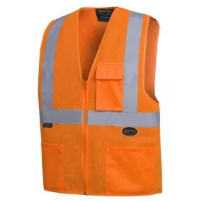 Safety Vest - Pioneer Hi-Viz Orange Front Zip Safety Vest with 2 Tape, 6962