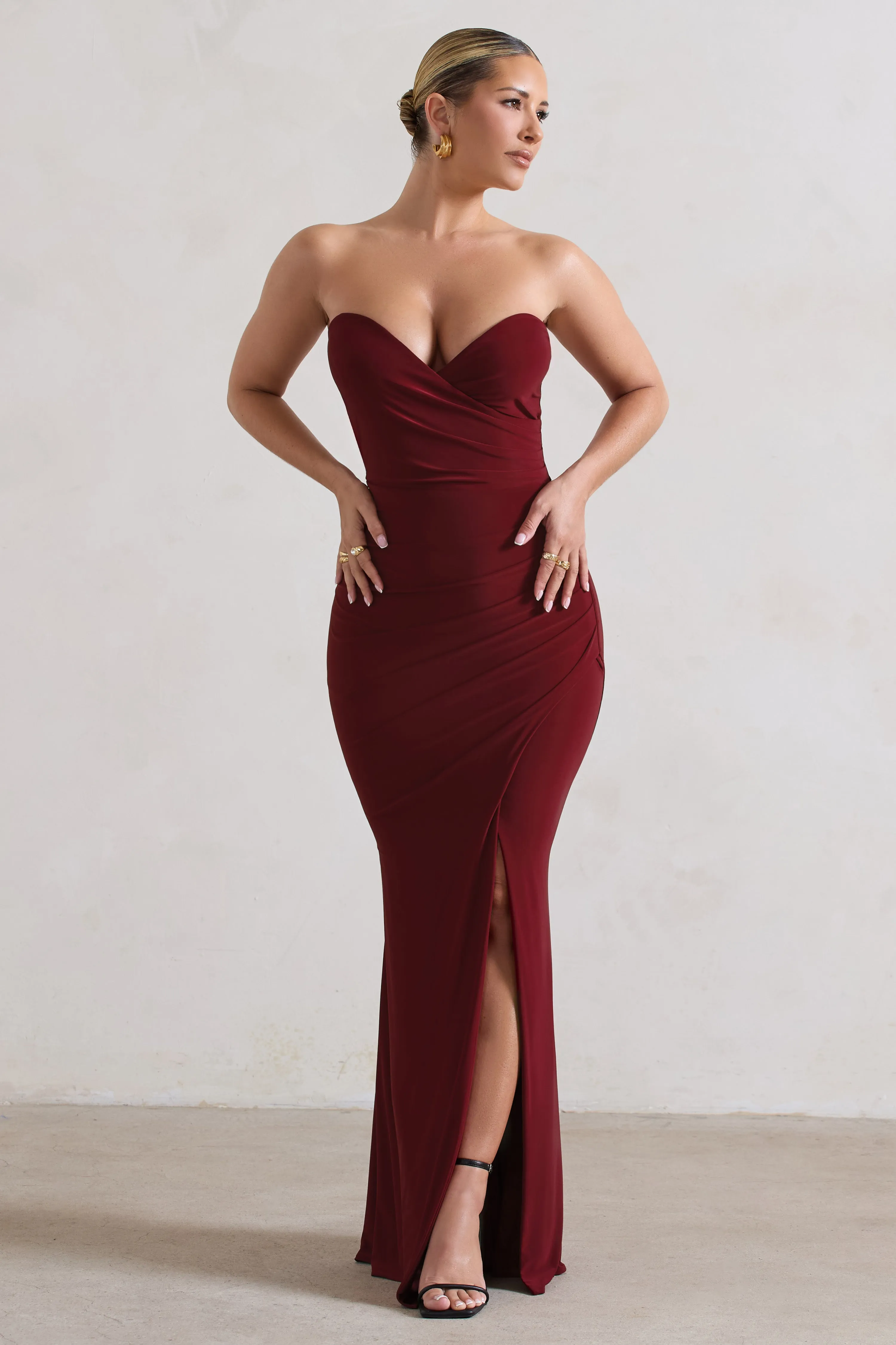 Saphira | Berry Gathered Corset Style Split Maxi Dress